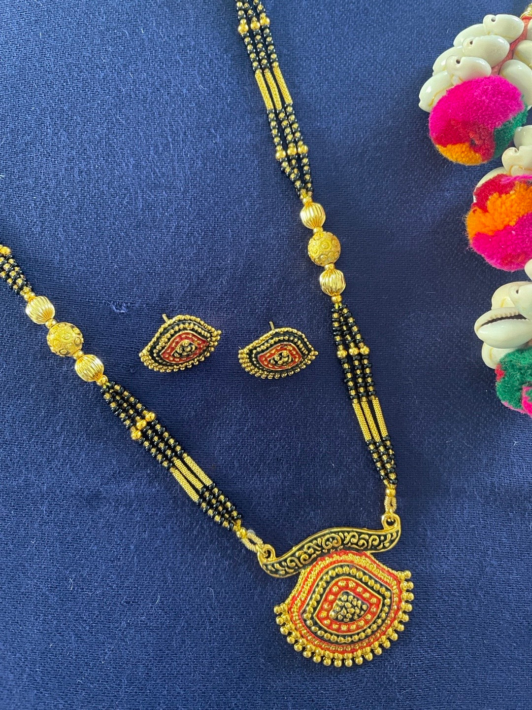 image for Artificial Gold Plated Long Mangalsutra Set in Traditional Marathi Style 3 Line Black Beads Chain