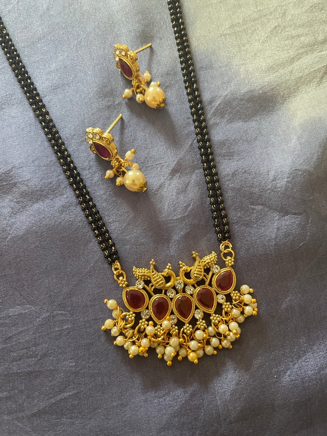 image for Long Mangalsutra Designs Set With Gold Earrings Peacock Pendant With Moti Latkan Black Beads Chain