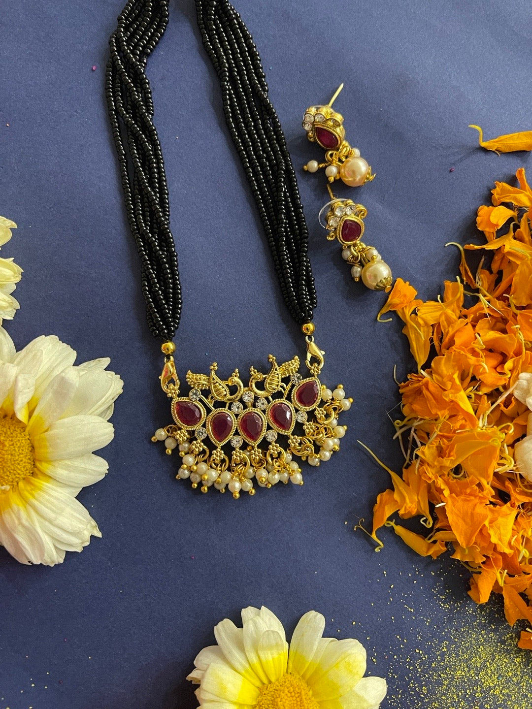 image for Modern Short Thushi Mangalsutra Set With Earrings Peacock Pendant With Moti Latkan Black Beads Chain