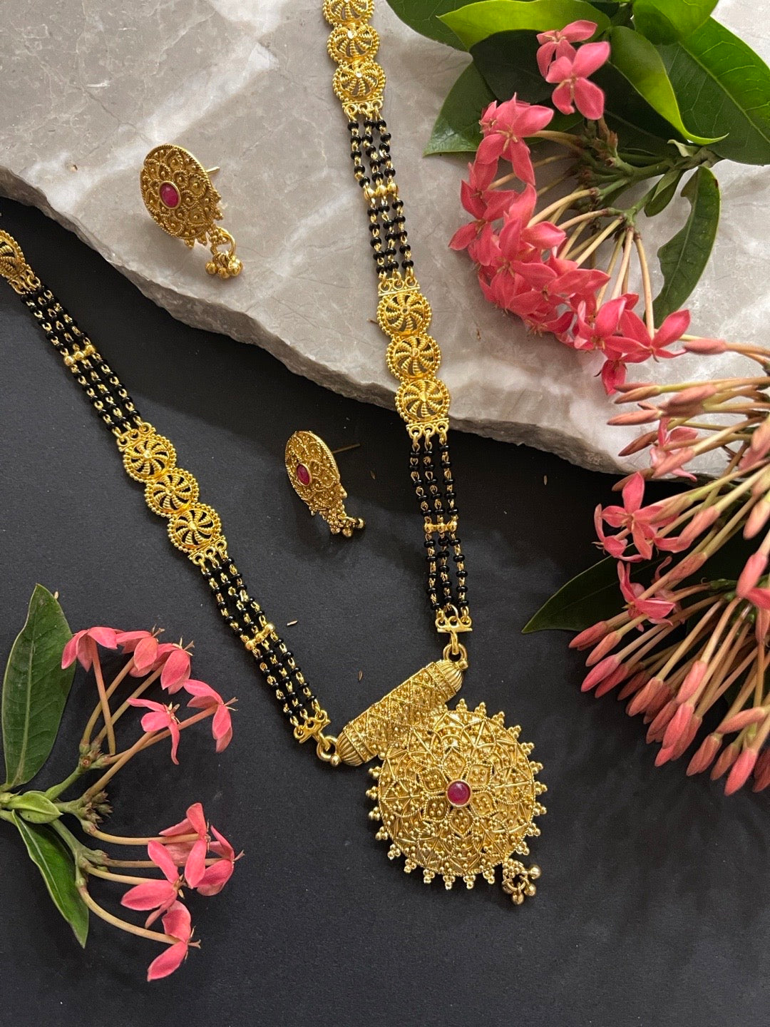 image for Maharashtrian Long Mangalsutra Designs Set With Earrings Gold Round Flower Pendant Black Beads Chain