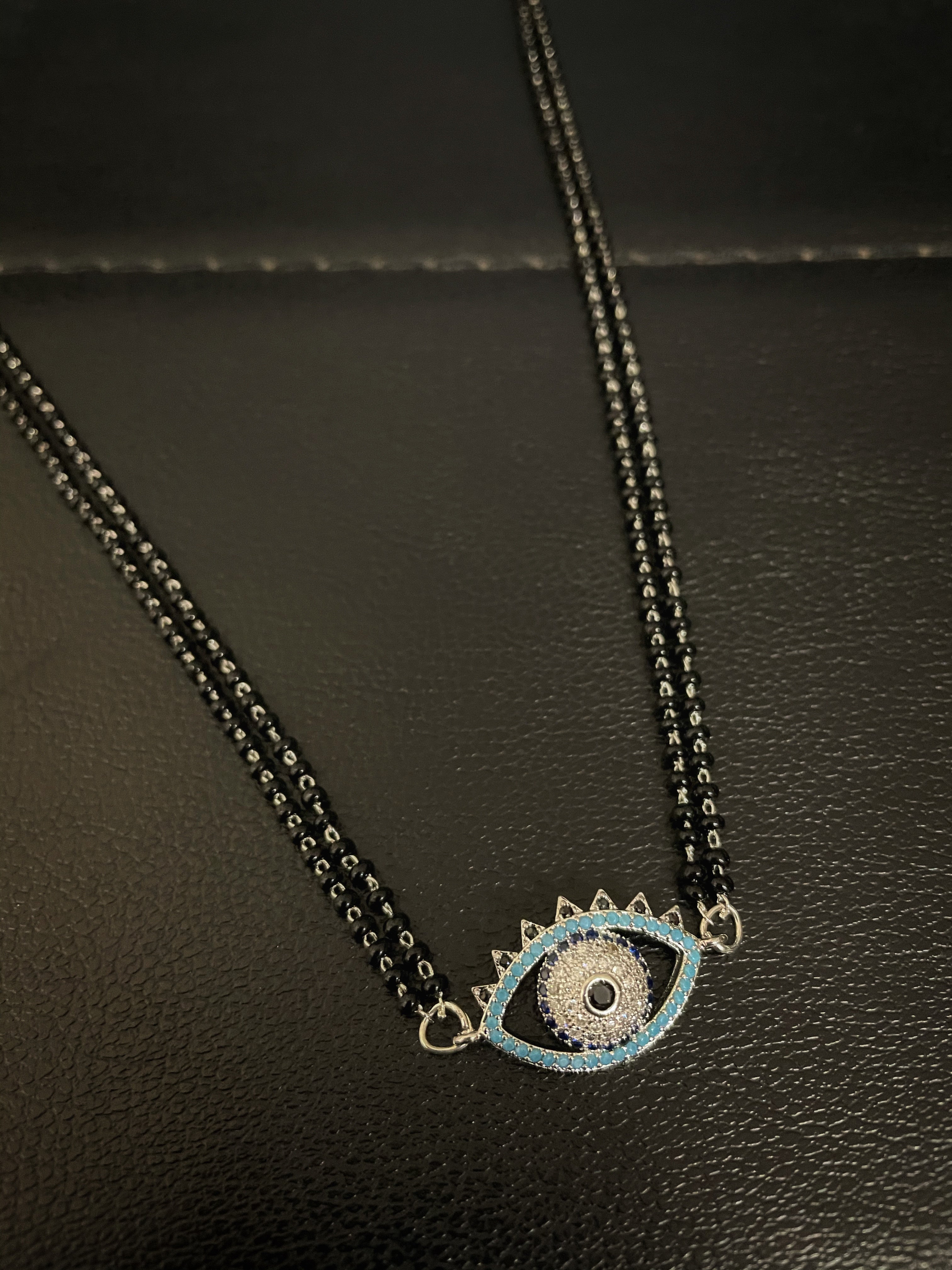 image for The Evil Eye Necklace Long Silver Mangalsutra Design Brass Silver Plated AD Pendant मंगळसूत्र (25 Inch)