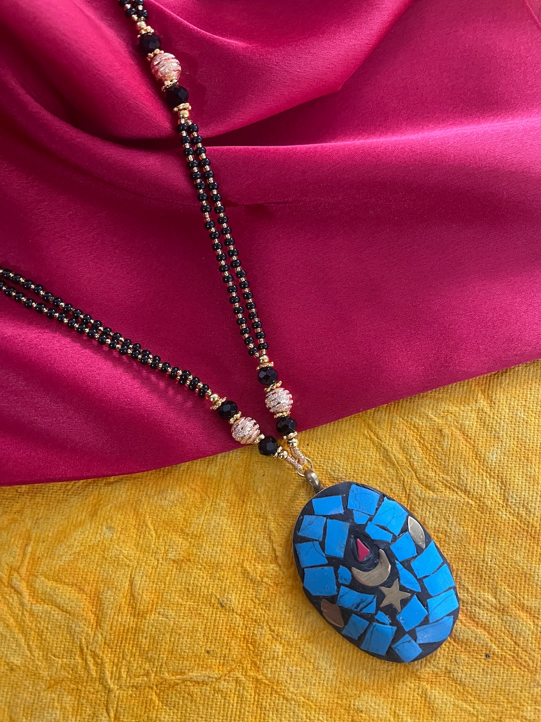 image for Long Mangalsutra with blue Oval Tibetan Pendant