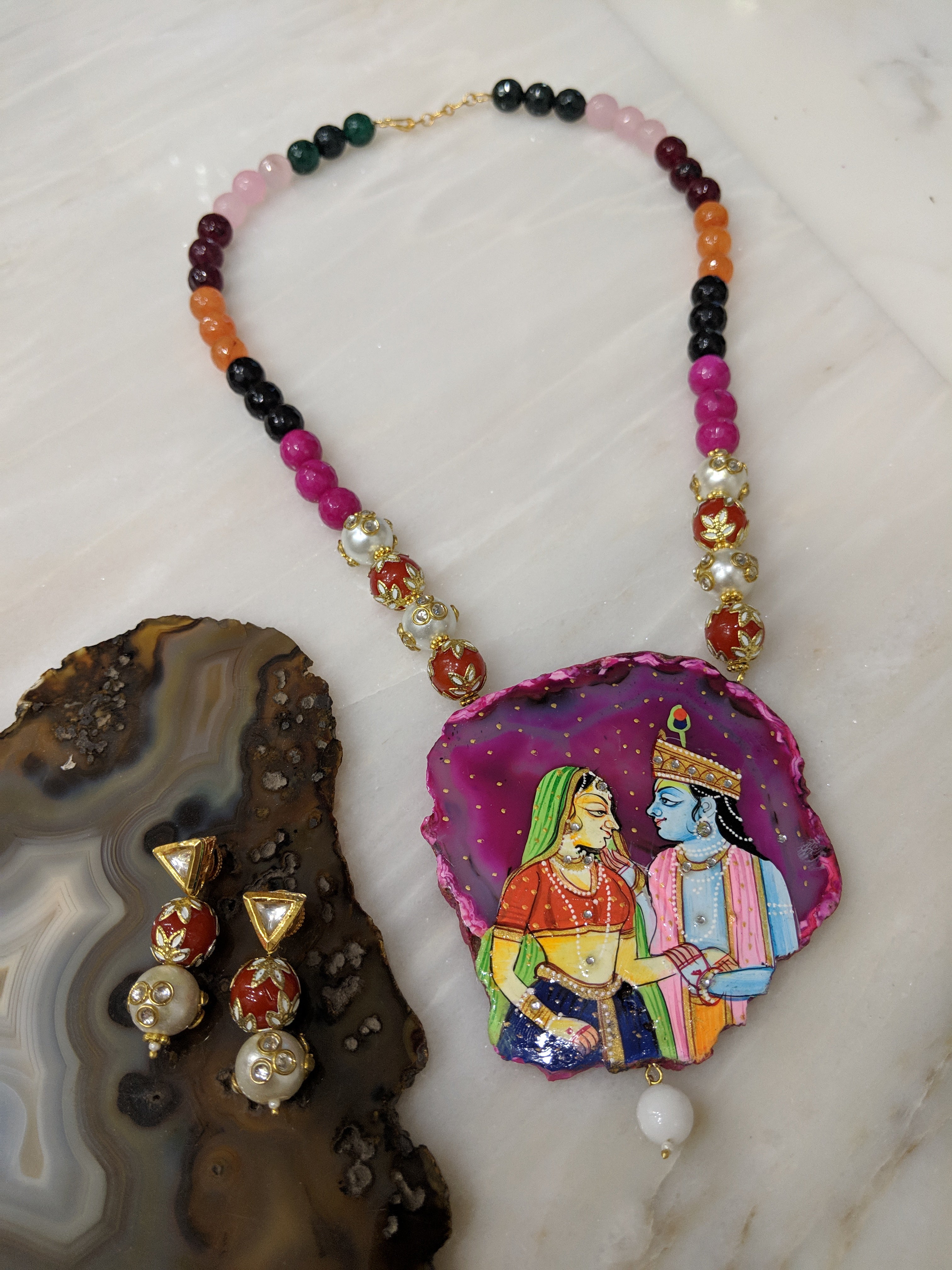 image for Radha Krishna Design Pendant Multicolour Beads Necklace with Earring