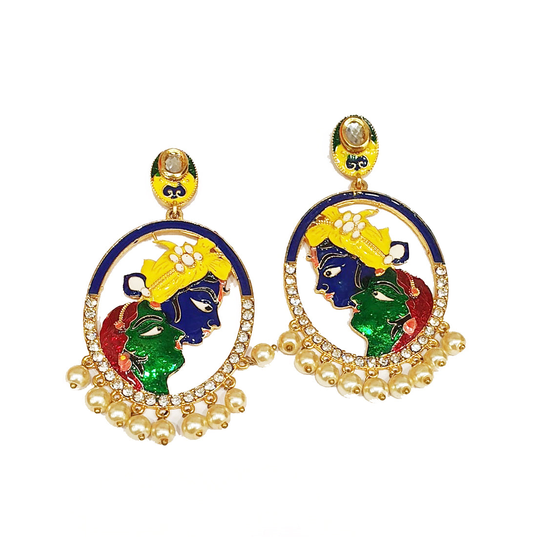 image for Gold Plated Earrings Stylish Yellow Green Navy Blue Radha Krishna Earring