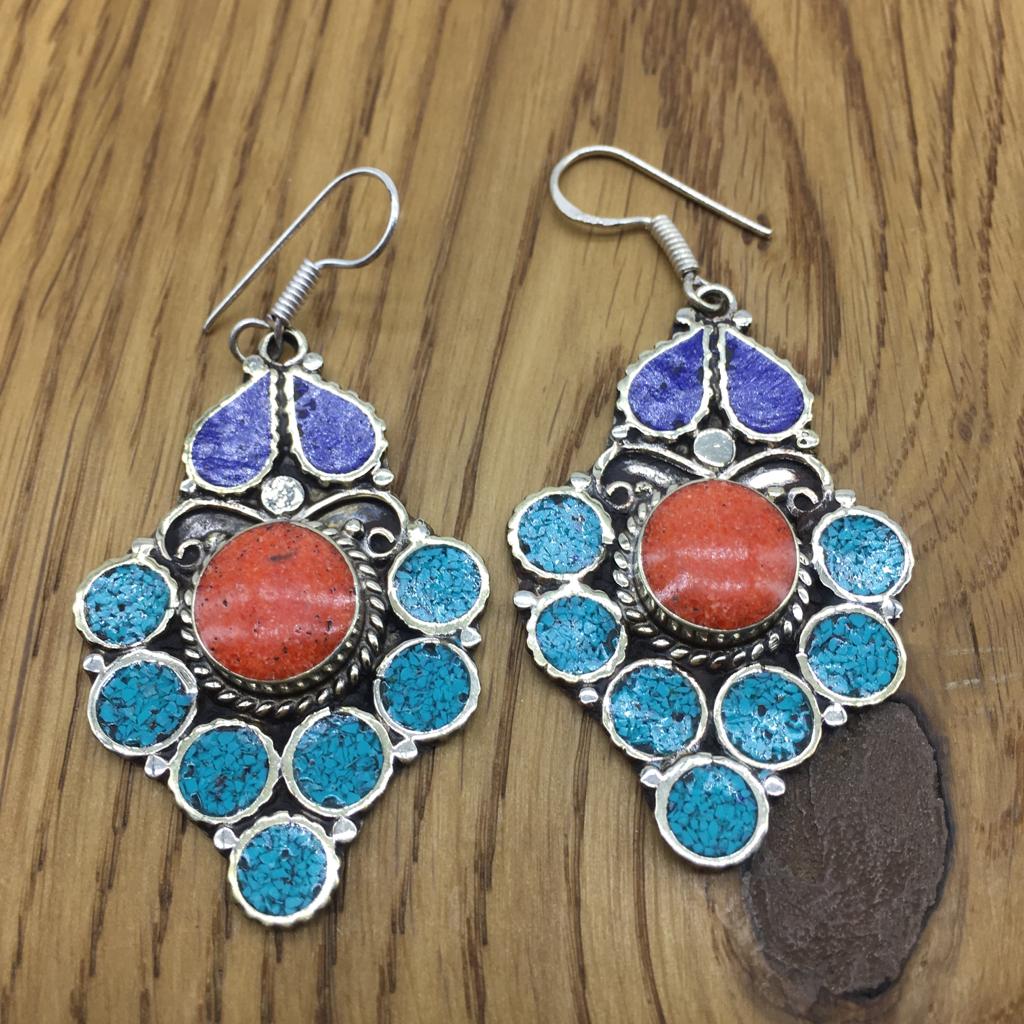image for Women's Beautiful Red Orange & Blue Turquoise,Lapis Lazuli Gemstone Nepali Tibetan Earring Handmade Silver Plated Dangle & Drop Earrings Traditional Antique Lightweight Afghani Jewelry