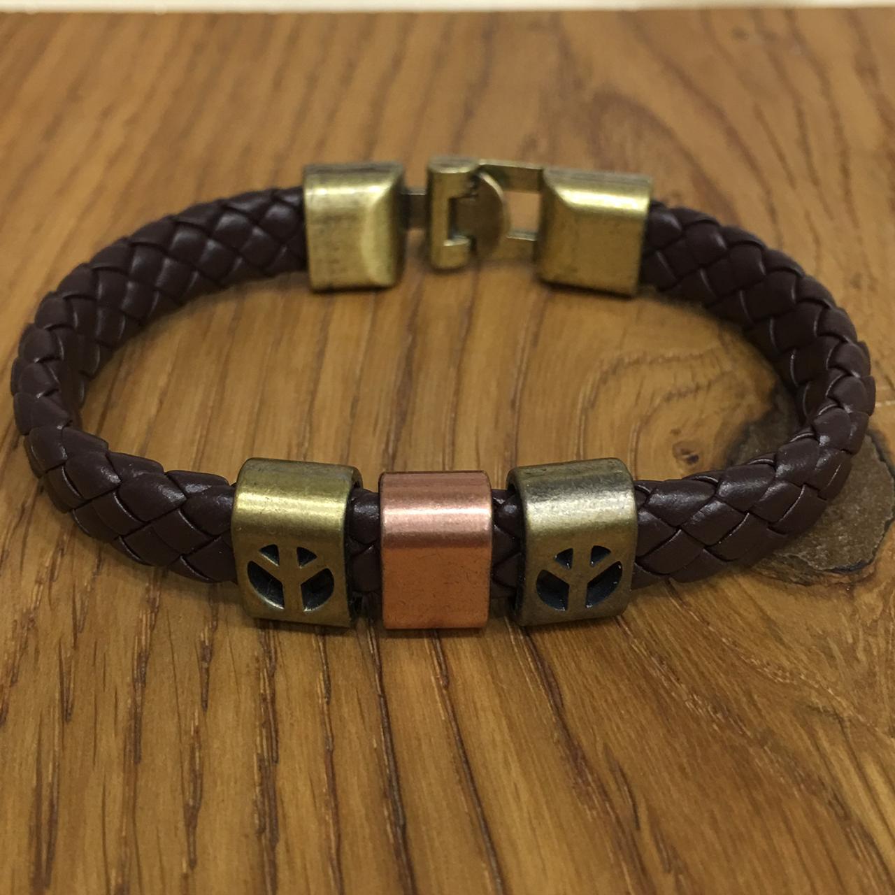 image for Men Bracelets Brown Leather Cowhide Braided Wrap Rose Gold Peace Sign Symbol Bracelet Titanium Clasp with Golden Alloy Stainless Magnets Multi Strand Unisex Bangles Wrist Band Men's Jewellery