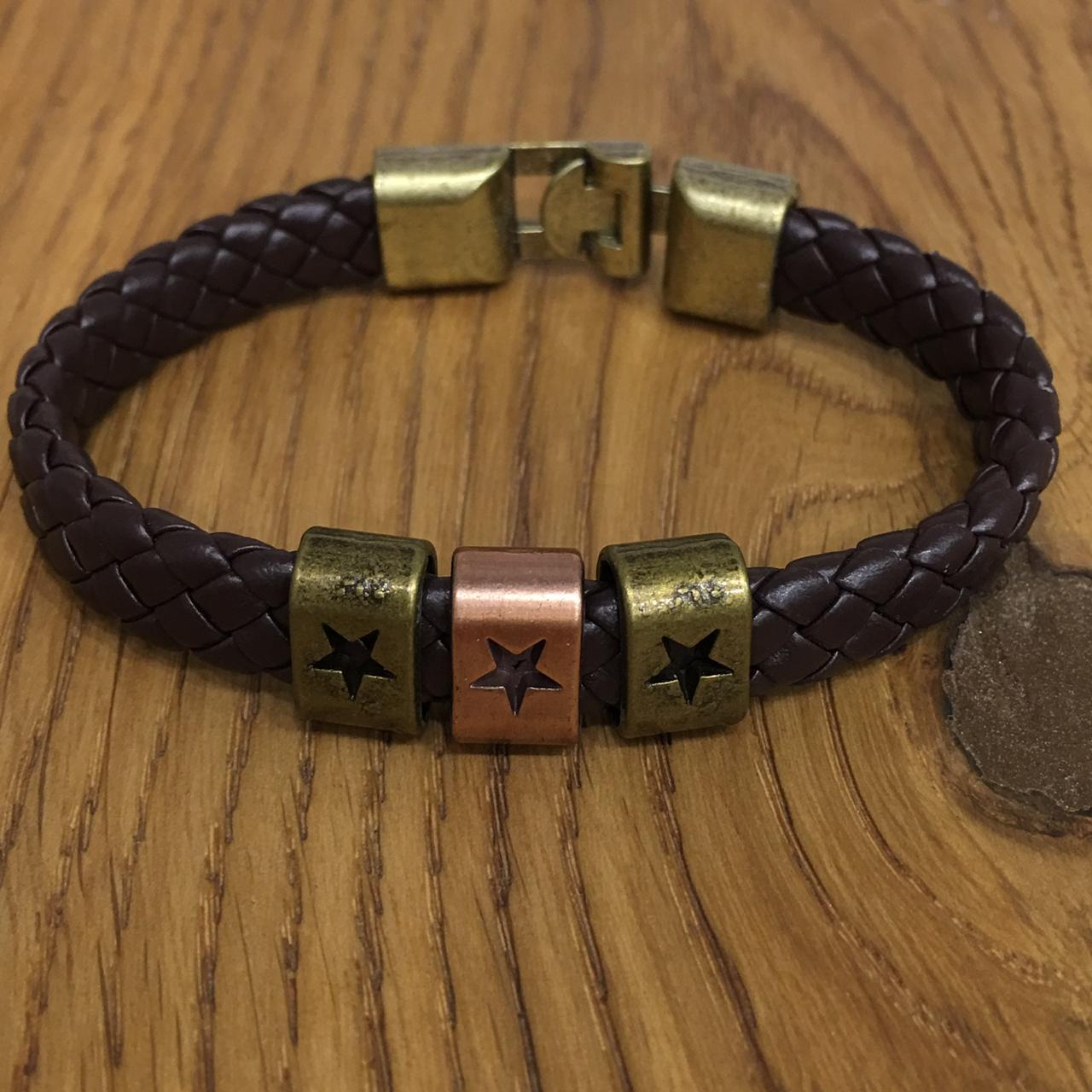 image for Men Bracelets Brown Leather Cowhide Braided Wrap Rose Gold Star Symbol Bracelet Titanium Clasp with Golden Alloy Stainless Steel Magnets Multi Strand Unisex Bangles Wrist Band Men's Jewellery