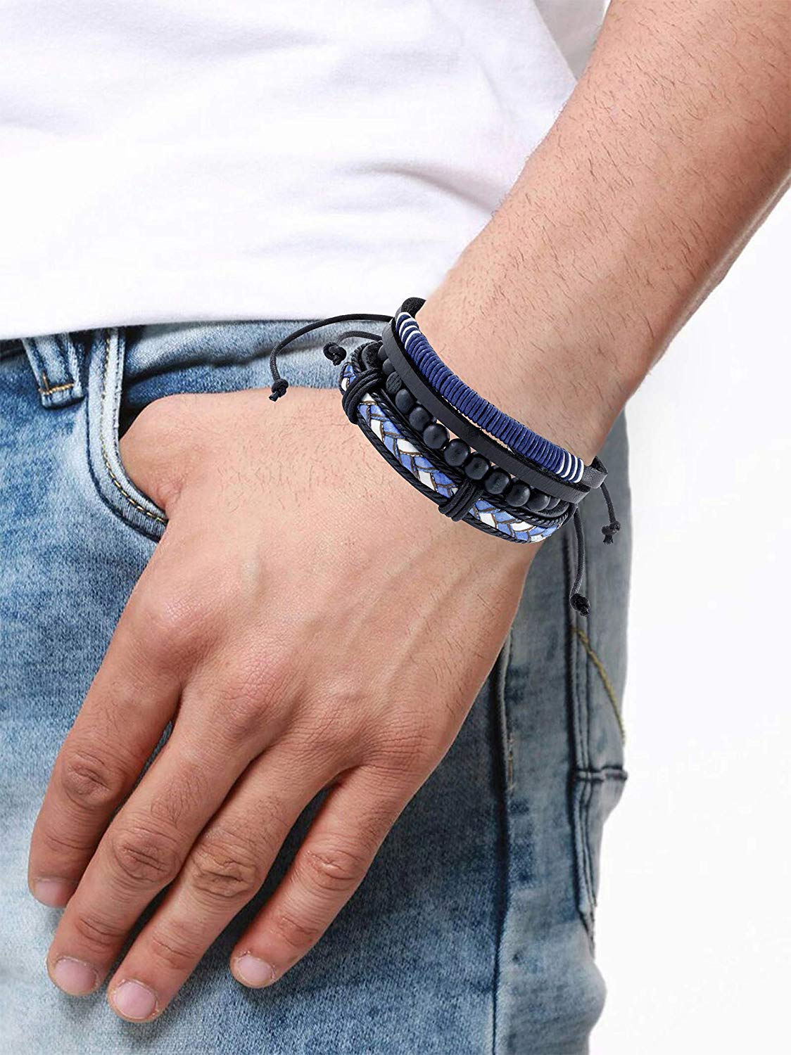 image for Digital Dress Room Fashion Genuine Leather Bracelet Black White Blue Wraps Casual Skin Friendly Bracelets for Men Boys Multi-strand Friendship Bracelets Cuff Casual Party Wear (Set of 3) Size 7.5 Inches