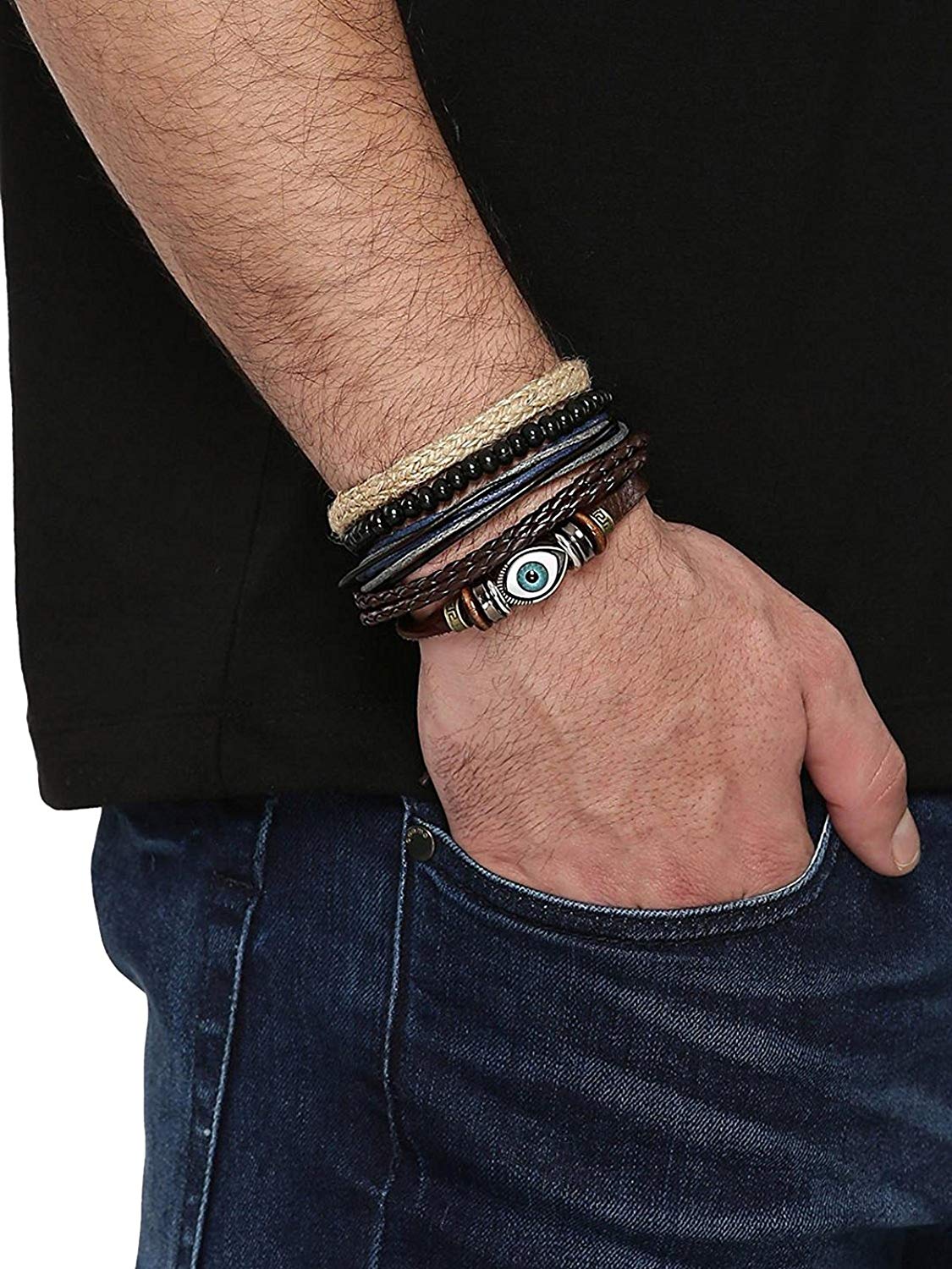 image for Fashion Genuine Leather Bracelet Multi-color Wraps Casual Skin Friendly Bracelets for Men Boys Multi-strand Friendship Bracelets Cuff Casual Party Wear (Set of 4) Size 7.5 Inches