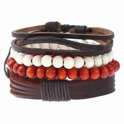 image for (Set Of 4) Fancy Rakhi Designs Faux Leather Wristband Stretchable Wood Beads Bracelet Raksha Bandhan