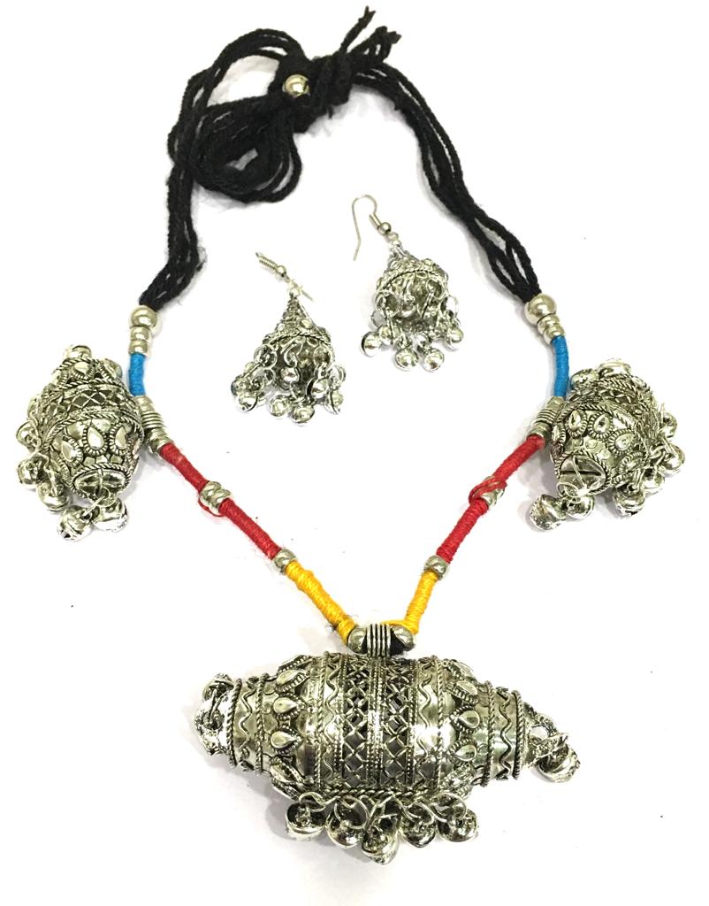 image for Antique Silver Plated Pendant with Ghungroo Thread Necklace Earring Set