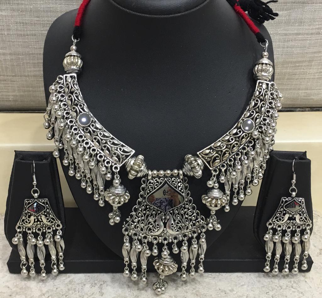 image for Antique Silver Plated Mirror Pendant with Ghungroo Thread Necklace Earring Set