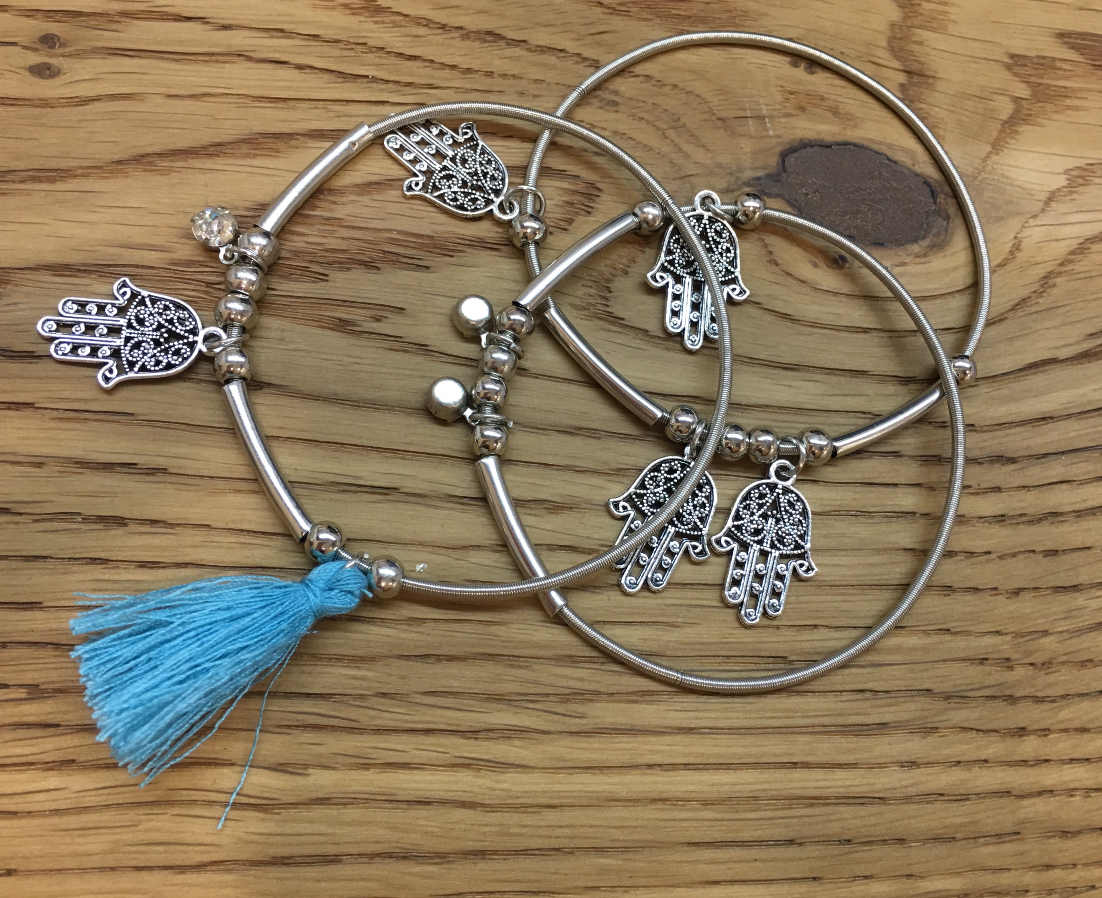 image for 3pcs/set Silver Hamsa Charms and Blue Tassel Bracelets