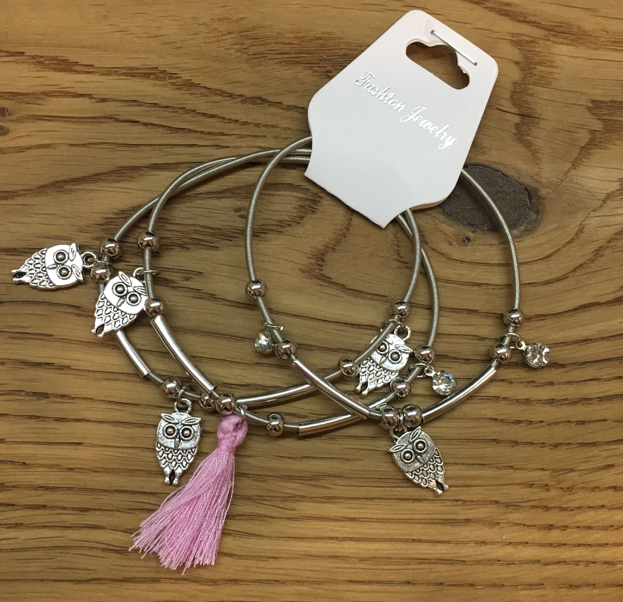 image for 3pcs/set Silver Owl Charms and Pink Tassel Bracelets