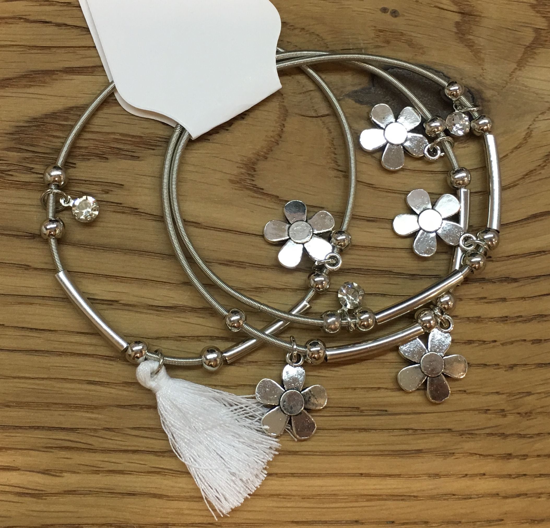 image for 3pcs/set Silver Flower Charms and White Tassel Bracelets