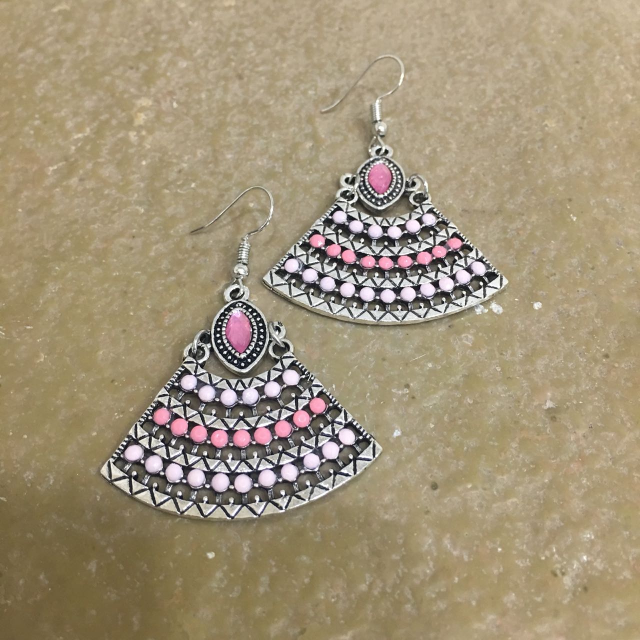 image for Navratri Earring Traditional Ethnic Bohemian Antique Metal Kashmir Tribal German Oxidized Afghani Silver Hook Earring Pink White Enamel Work with Beads Earrings for Women and Girls