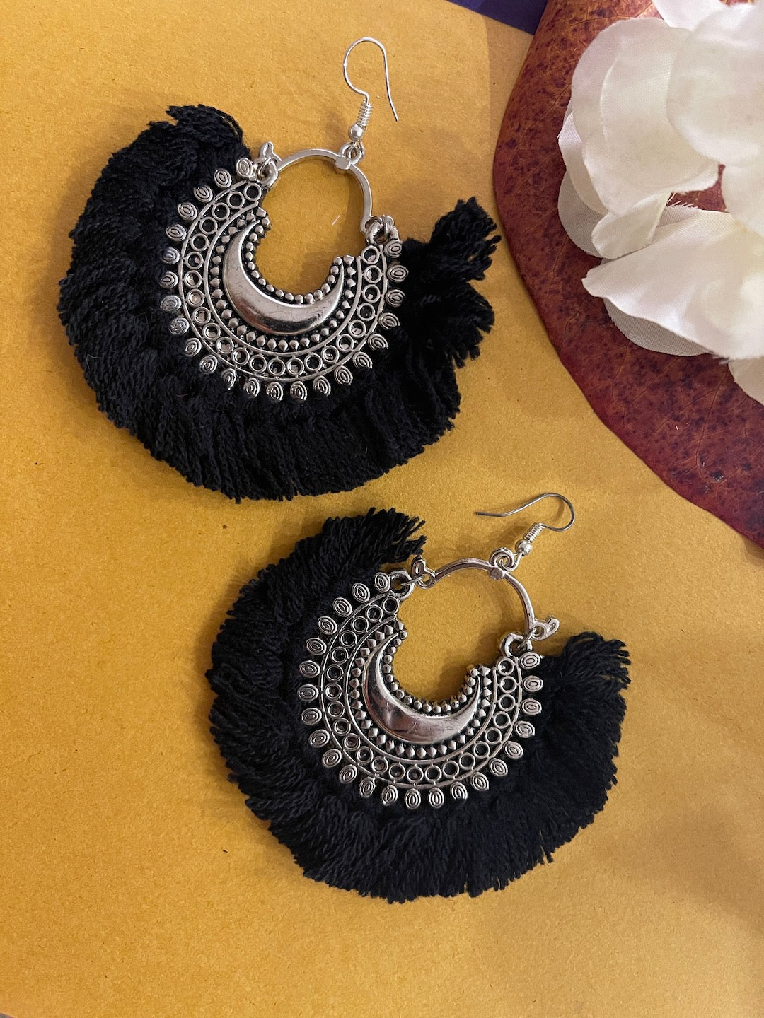 image for Navratri Earring Traditional Ethnic lightweight Antique Metal Kashmir Tribal German Oxidized Afghani Bohemian Black Tassel Dangle Chand Earrings Silver Chandbali for Women Girls