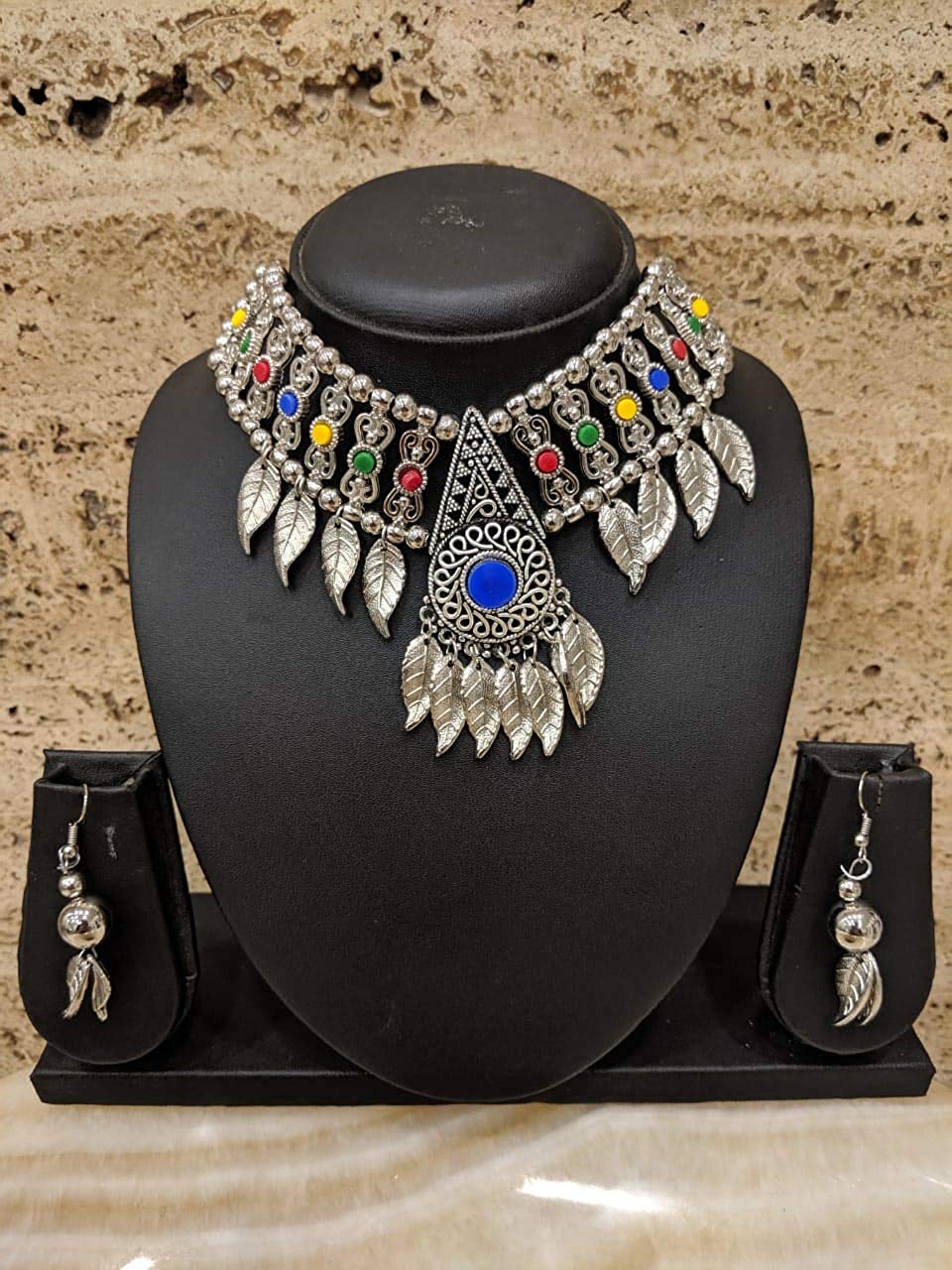 image for Navratri Rajastani Necklace Set with Earring for Girls Women Garba Dandiya Antique Multi Color Banjara Costume Fashion Afghani Tribal Imitation Silver Oxidized Designer Jewelry