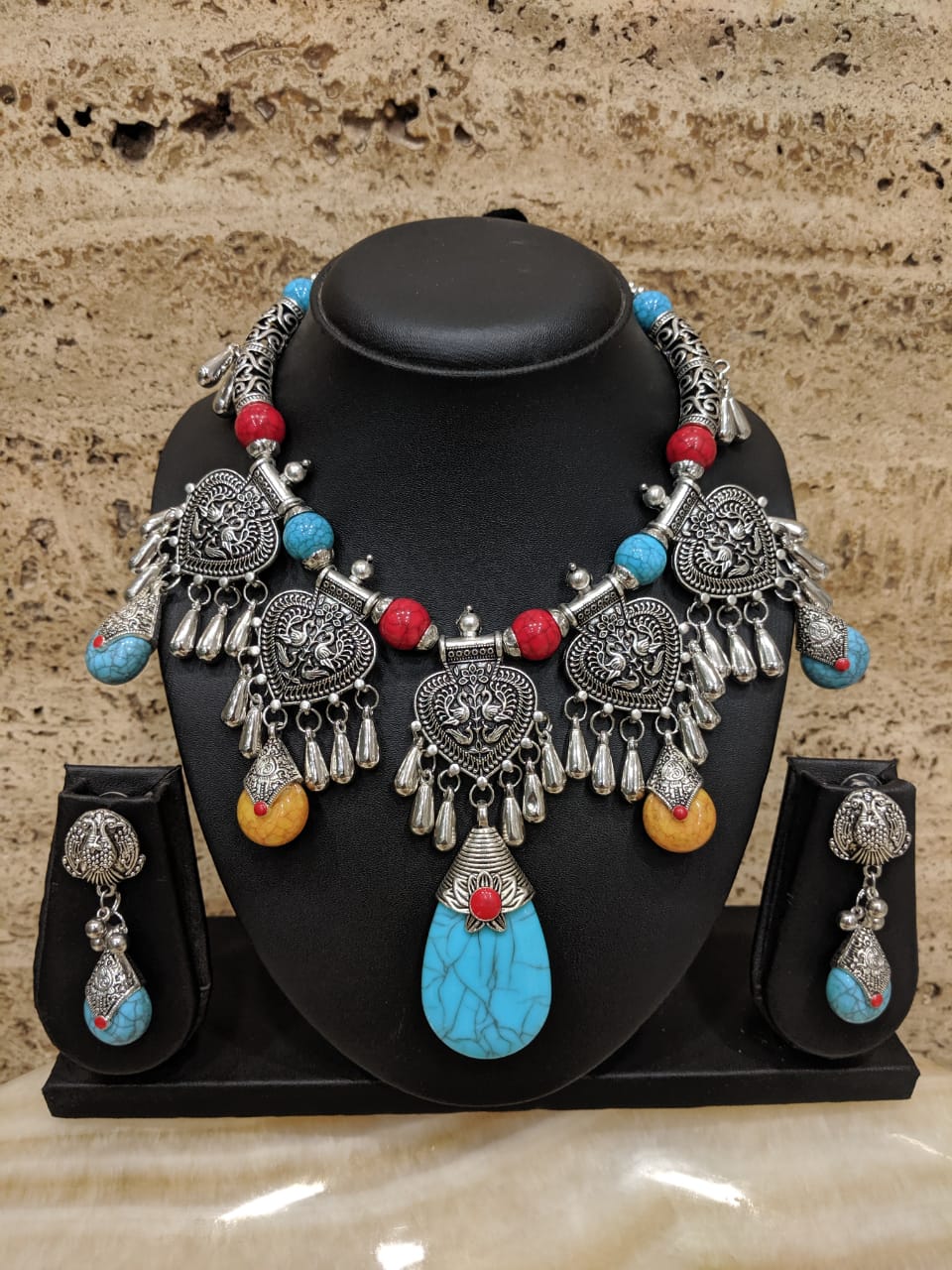 image for Navratri Rajastani Necklace Set with Earring for Girls Women Garba Dandiya Antique Multi Color Banjara Costume Fashion Afghani Tribal Imitation Silver Oxidized Designer Jewelry