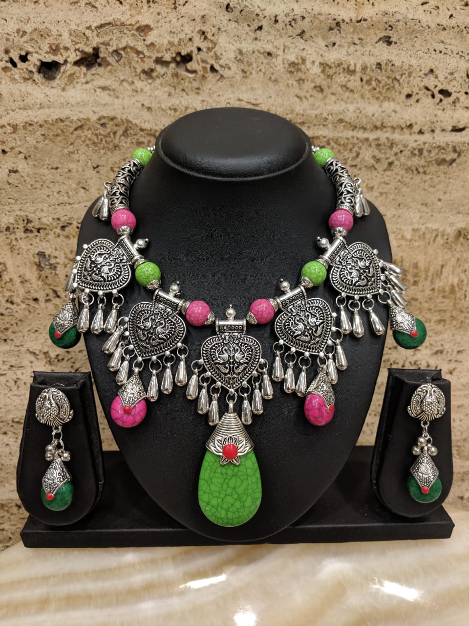 image for Navratri Rajastani Necklace Set with Earring for Girls Women Garba Dandiya Antique Multi Color Banjara Costume Fashion Afghani Tribal Imitation Silver Oxidized Designer Jewelry