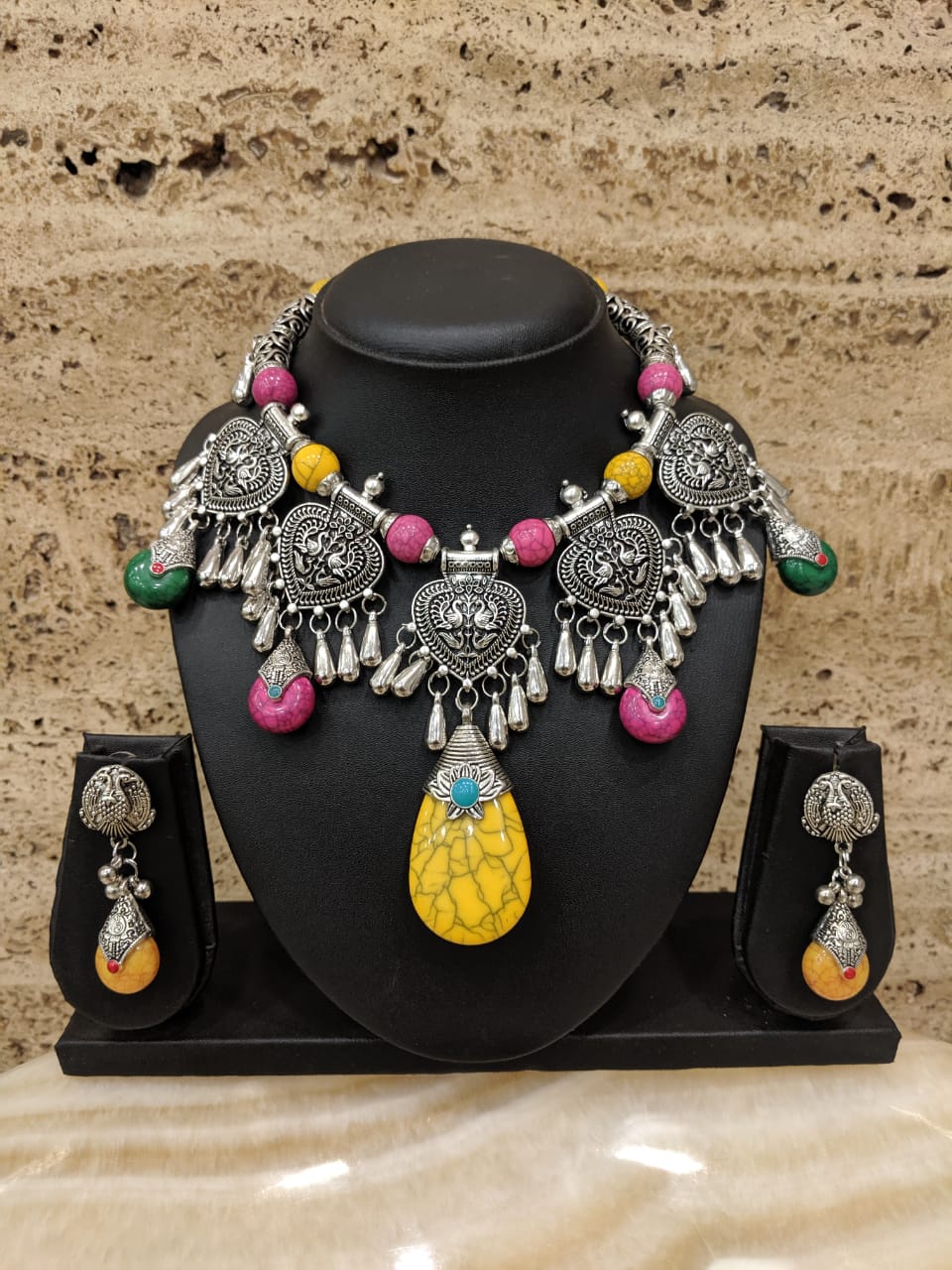 image for Navratri Rajastani Necklace Set with Earring for Girls Women Garba Dandiya Antique Multi Color Banjara Costume Fashion Afghani Tribal Imitation Silver Oxidized Designer Jewelry