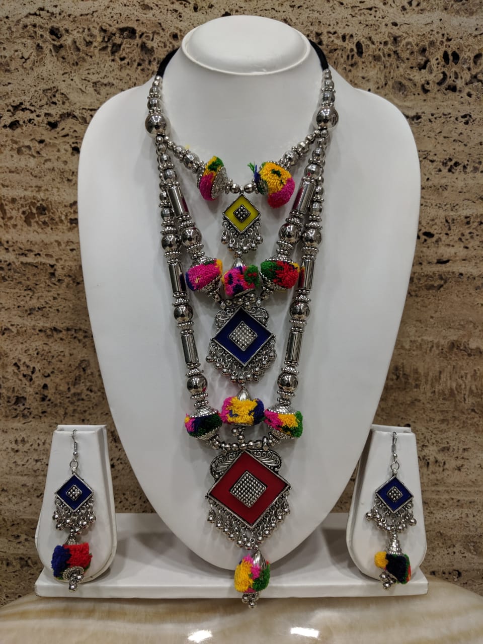 image for Navratri Rajastani Necklace Set with Earring for Girls Women Garba Dandiya Antique Multi Color Banjara Costume Fashion Afghani Tribal Imitation Silver Oxidized Designer Jewelry