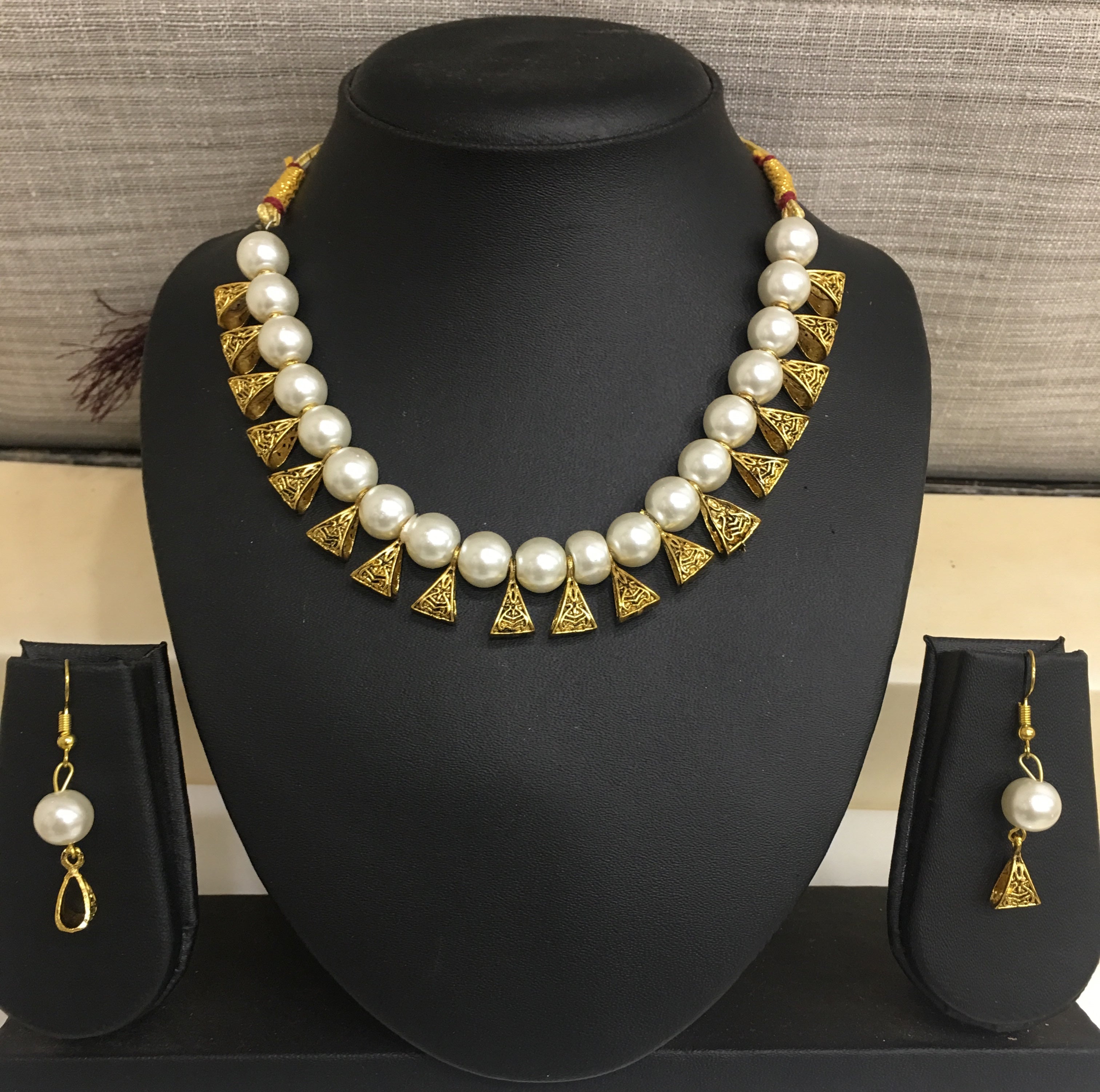 image for Antique Gold Triangle Beads and White Pearls Necklace Earring Set for Women Girls Costume Fashion Artifical Imitation Jewellery