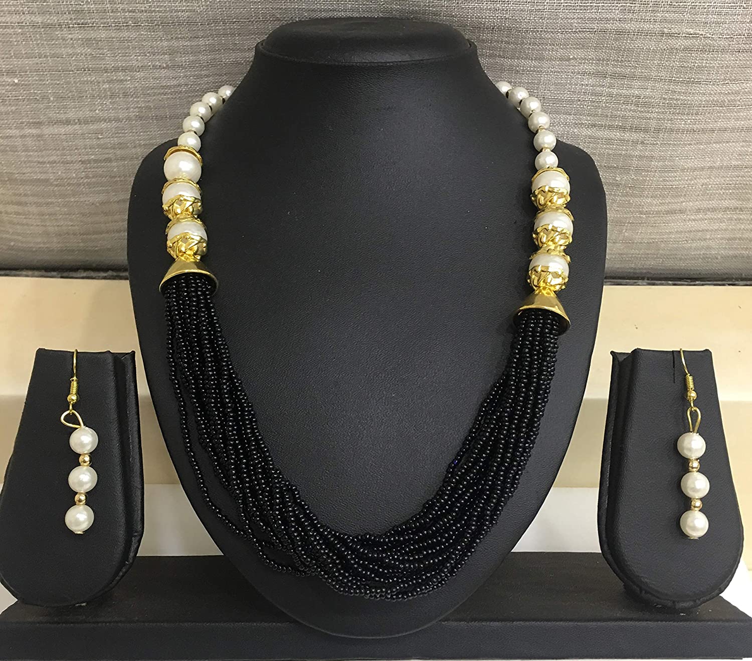 image for Coloured Beads and White Pearls with Gold Work Necklace Earring Set for Women Girls Costume Fashion Artifical Imitation Jewellery