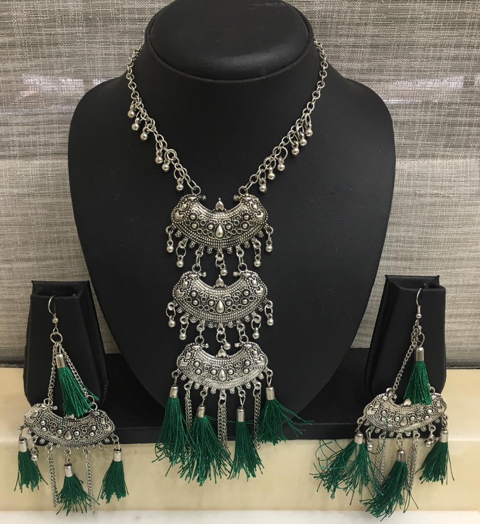 image for Antique Silver Plated Pendant Ghungroo with Green Tassels Necklace Earring Set