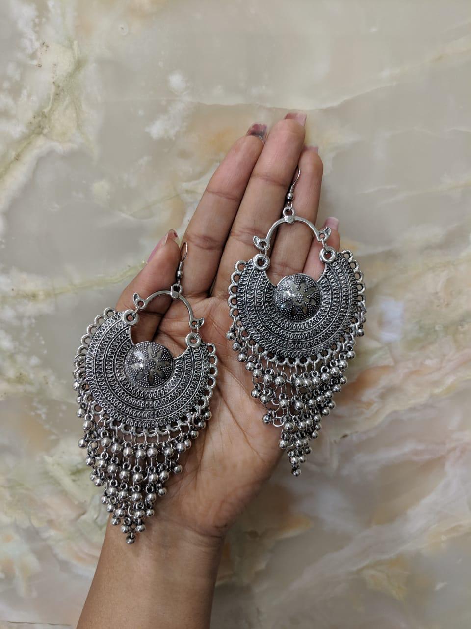 image for German Oxidized Afghani Silver Chand Earring Ghungroo Chandbali Jhumki Hook Earrings for Women