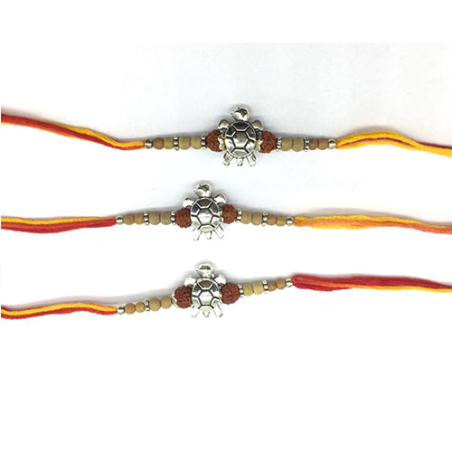 image for (Set of 3) Tortoise Designer Rakhi for Men Silver Plated Rudraksha Tulsi Beads Thread Rakhi