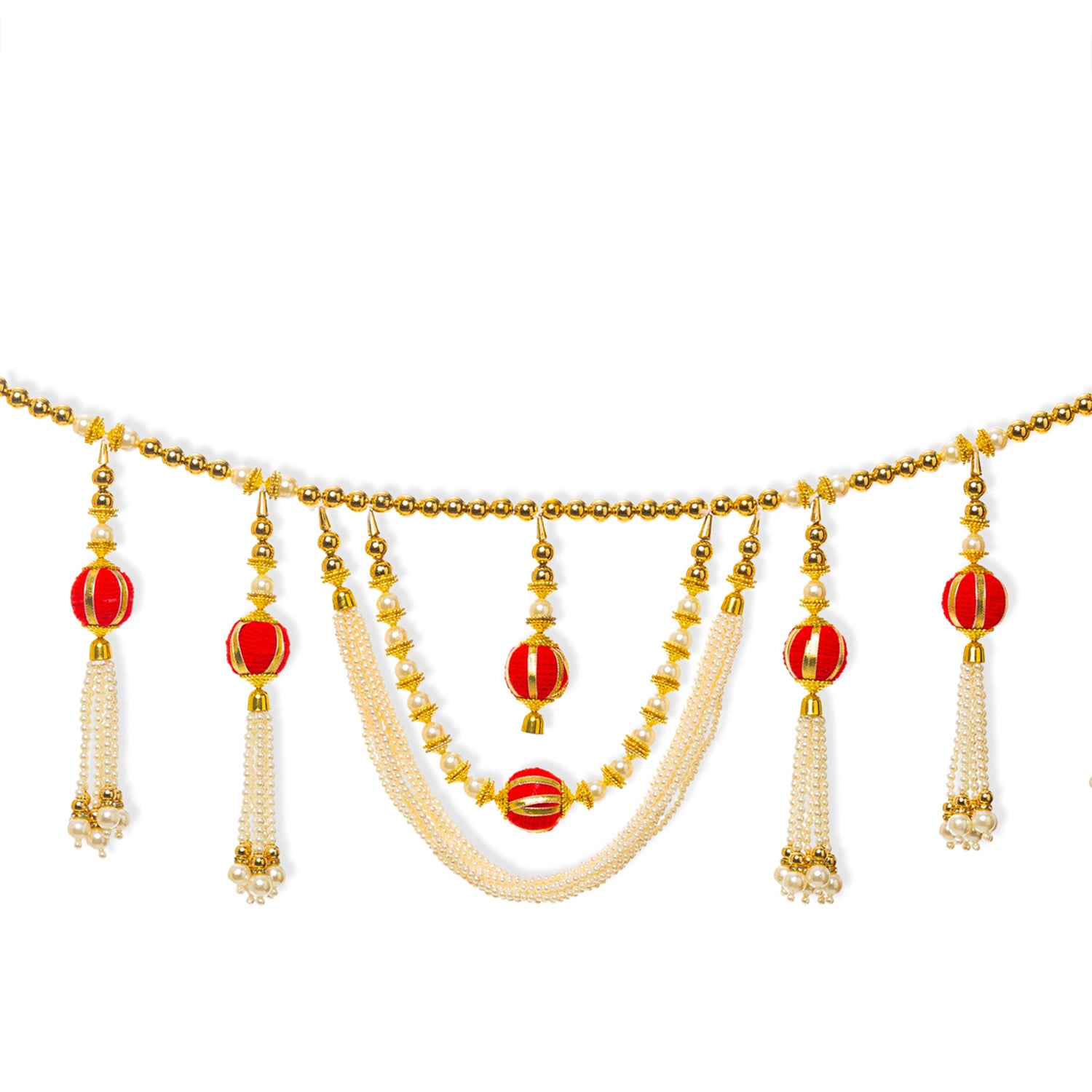 image for Toran For Door Hangings Diwali Decoration Fancy Golden Pearl with Red Pom Pom Balls