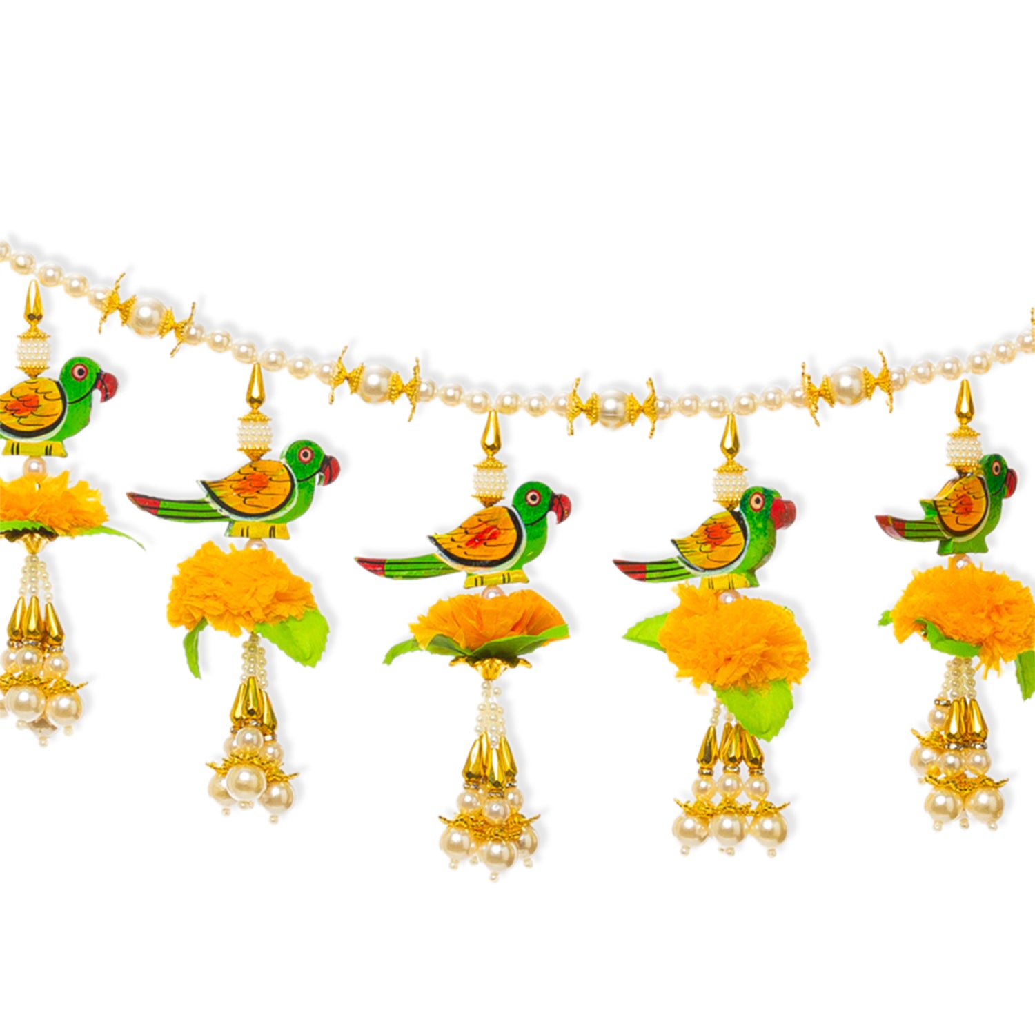 image for Toran For Door Hangings Diwali Decoration Artificial Marigold Flowers Golden Pearl & Parrots