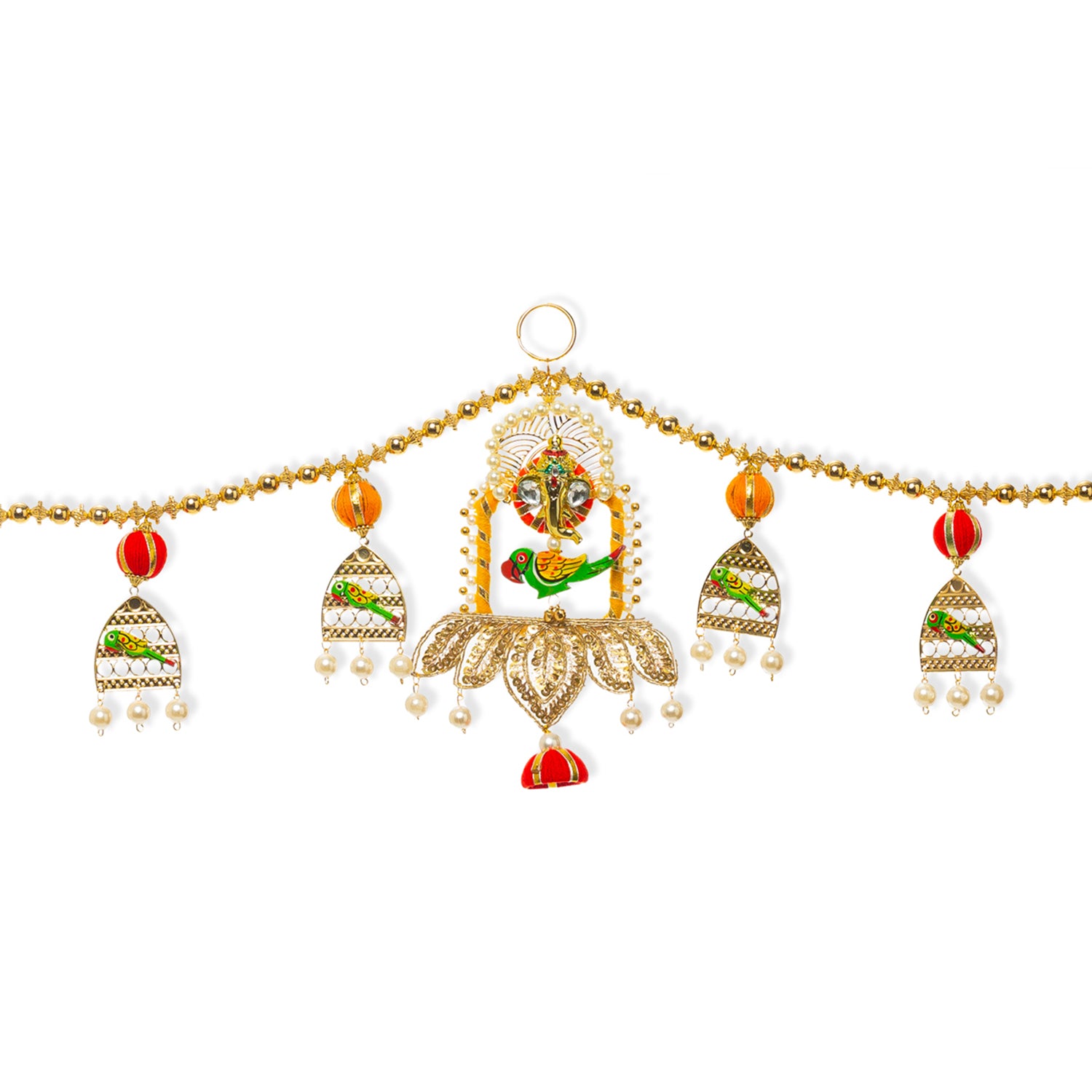 image for Toran For Door Hangings Diwali Decoration Golden Pearl, Ganesha & Parrots (Orange & Red)