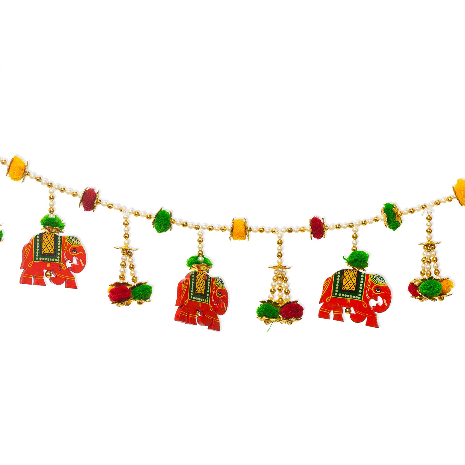 image for Toran For Door Hangings Diwali Decoration Golden Pearl, Pom Poms & Elephants (Orange & Red)