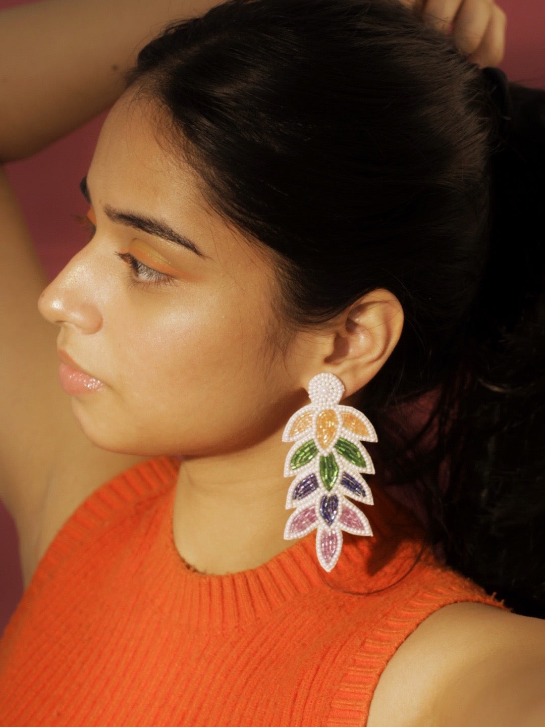 image for Colourful Beaded Leaf Flower Dangler Earring