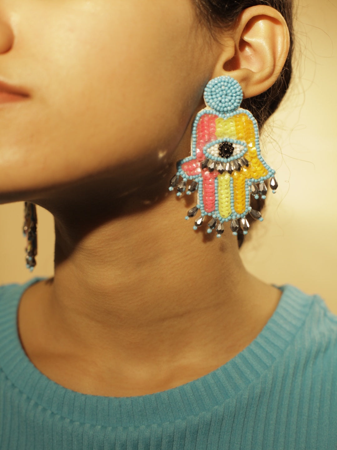 image for Colourful Beaded Hamsa Evil Eye Earrings