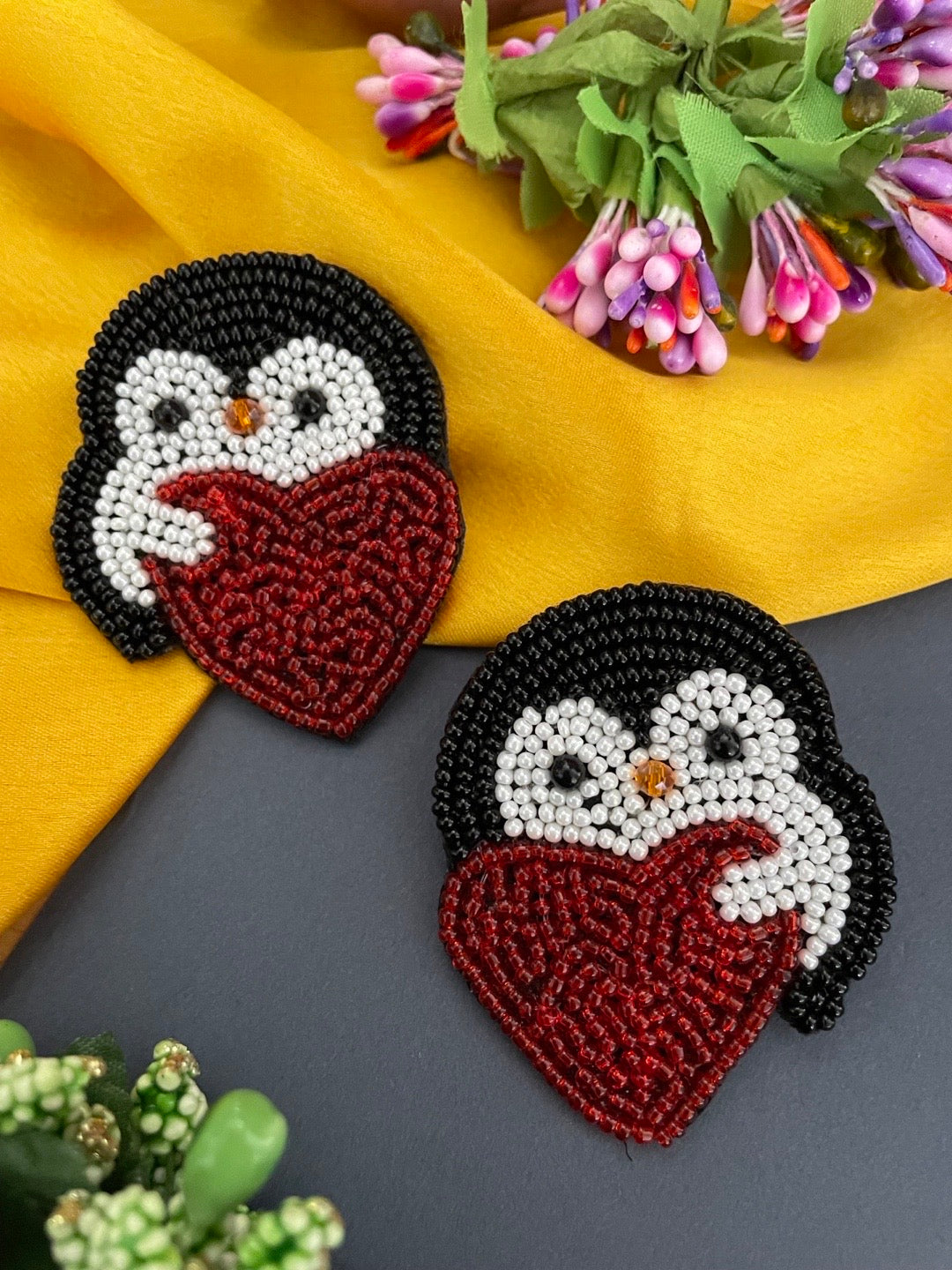 image for Colourful Beaded Penguin Heart Earrings