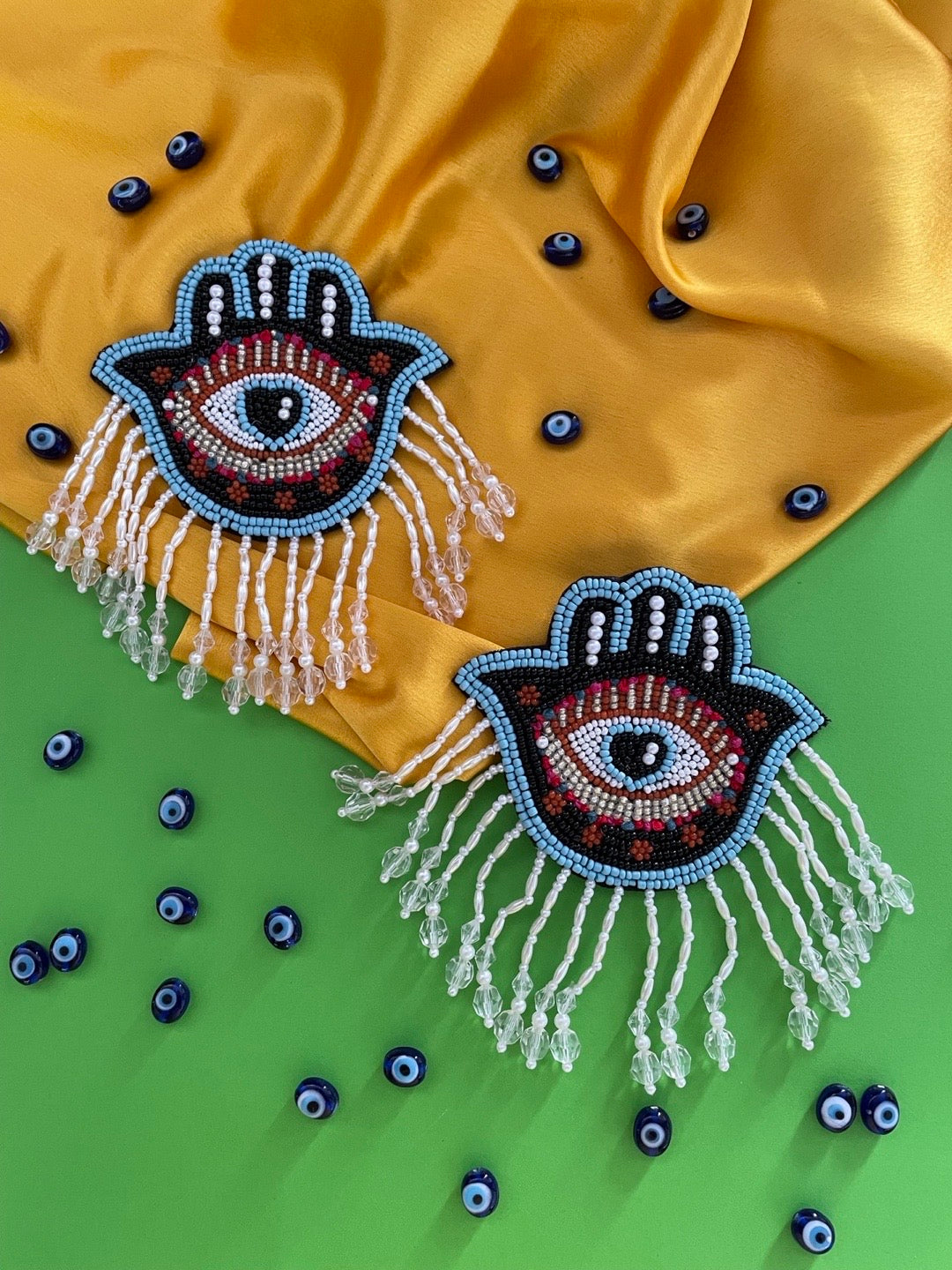 image for Colourful Beaded Hamsa Evil Eye Earrings