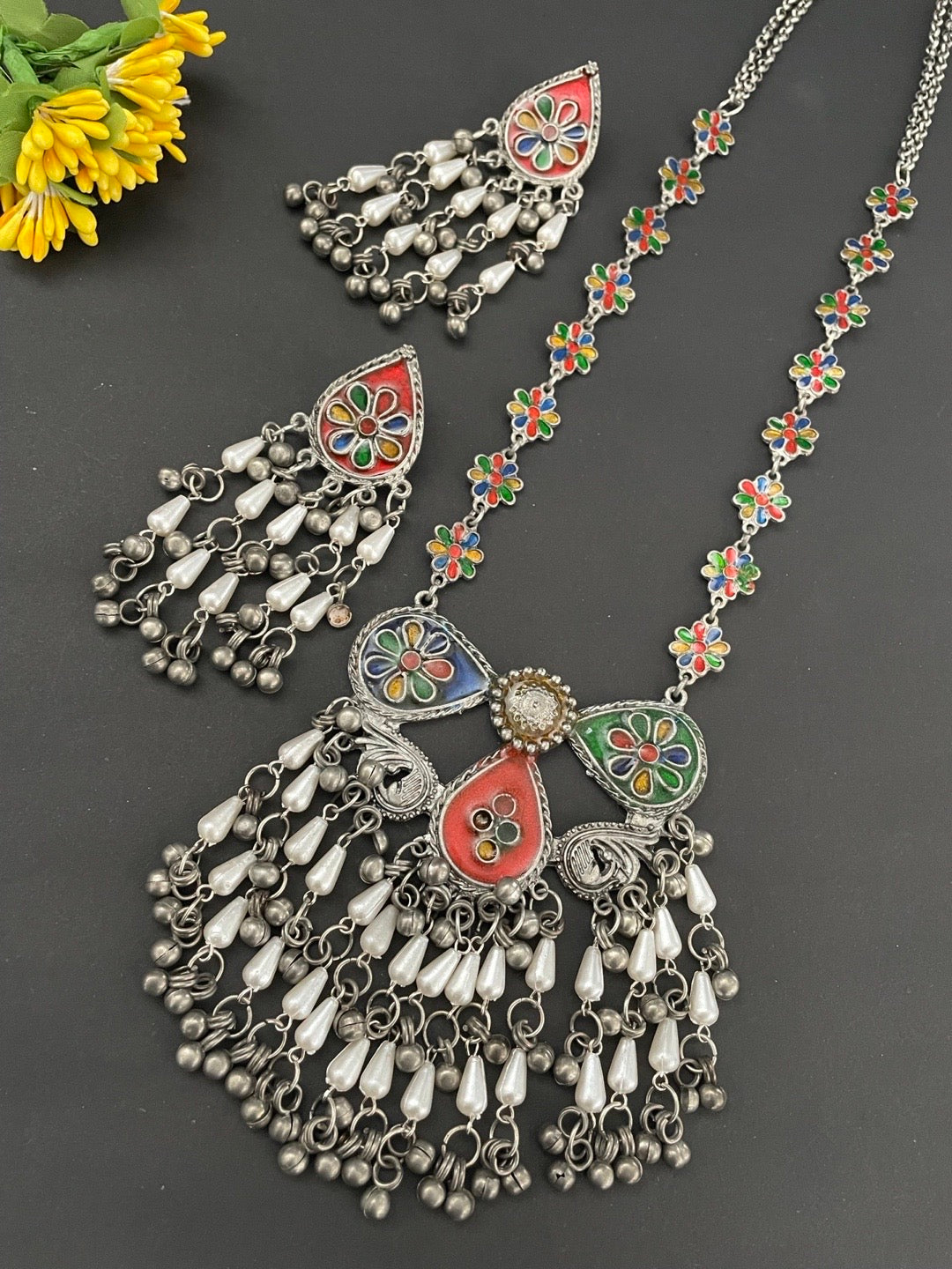 image for Boho Oxidized Long Necklace Set With Earrings Multicolor Flower Design