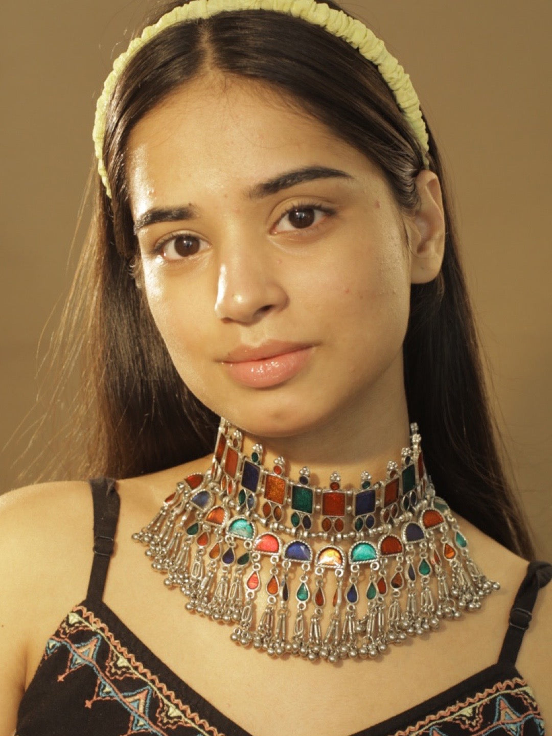 image for Boho Oxidized Choker Necklace Set With Earrings Multicolor Enamal Design