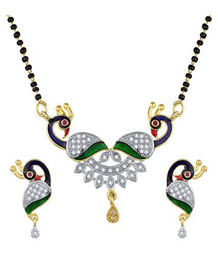 image for Short Mangalsutra Designs Gold Plated Latest American Diamond Peacock Pendant Mangalsutra & Earrings