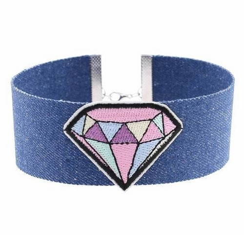 image for Denim Necklace Embroidered Diamond Choker