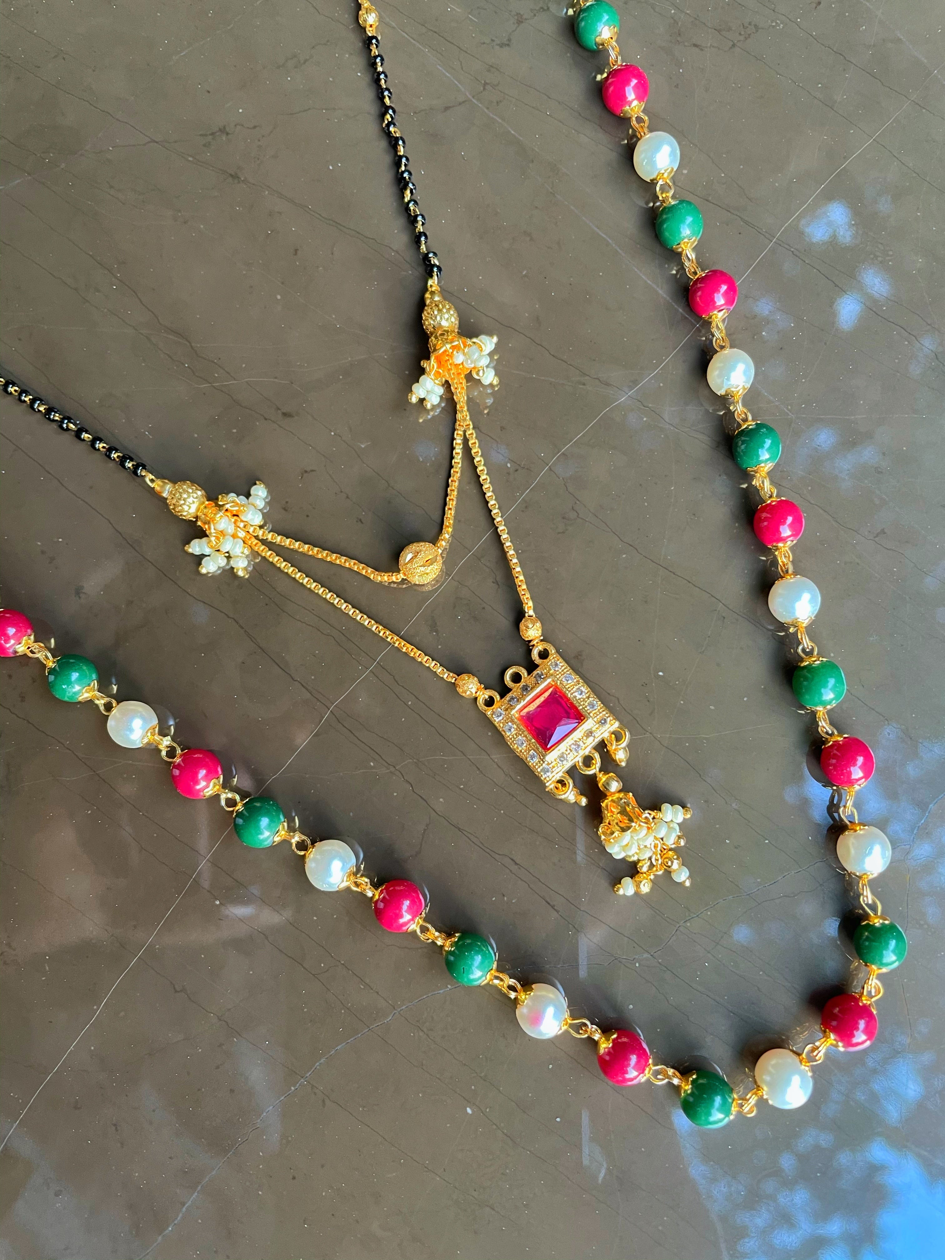 image for Combo offer (set of 2) Multi Color Moti Mala (24 inch) & Short Mangalsutra (16 inch) One Gram Gold Plated Red Stone in Square Shape Pendant with Moti Latkan Layered Pattern New Mangalsutras Designs For Women