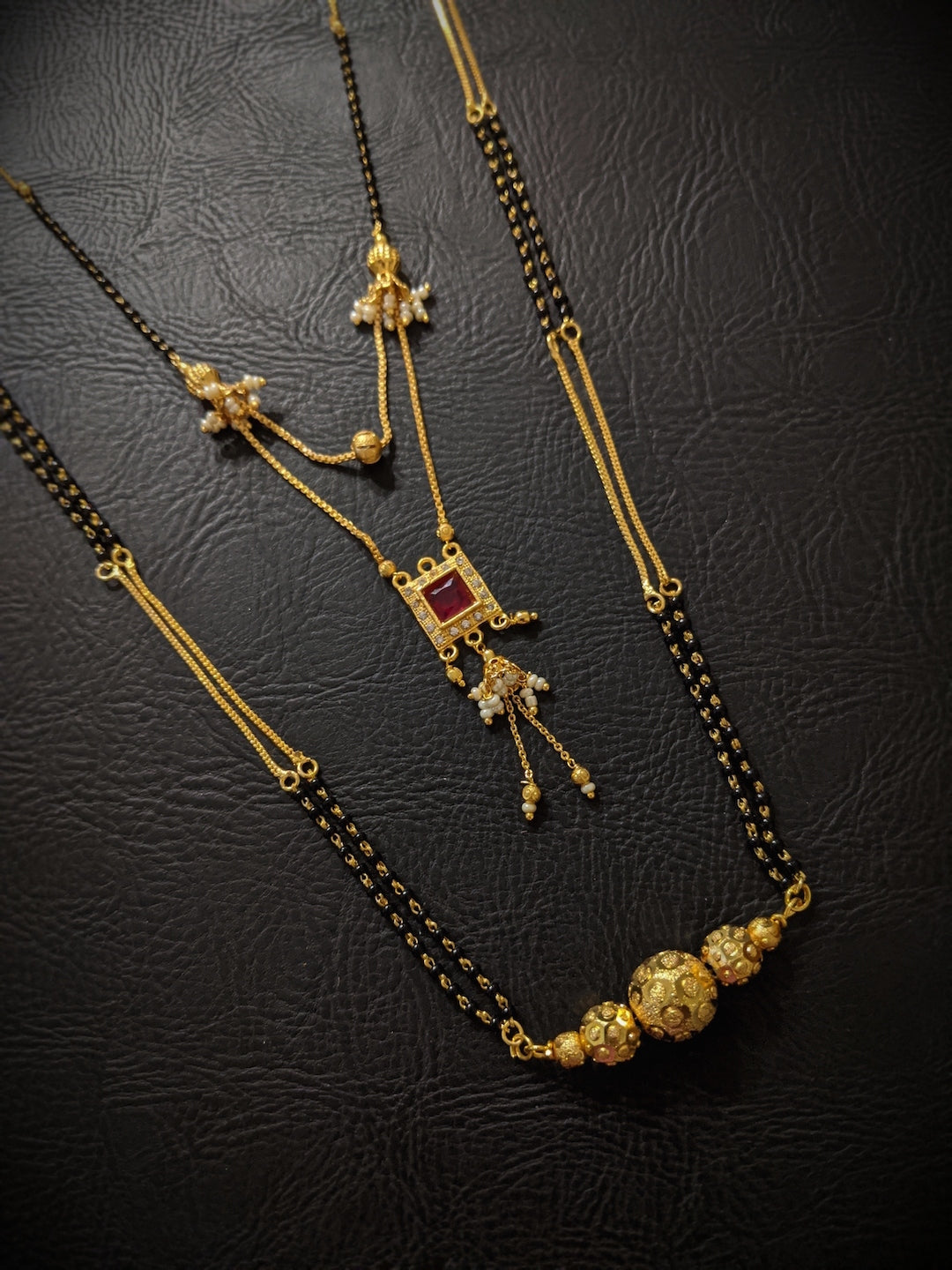 image for Combo Set of 2 Gold Plated Long Mangalsutra Designs and Short Mangalsutra Designs Red Stone Pendant