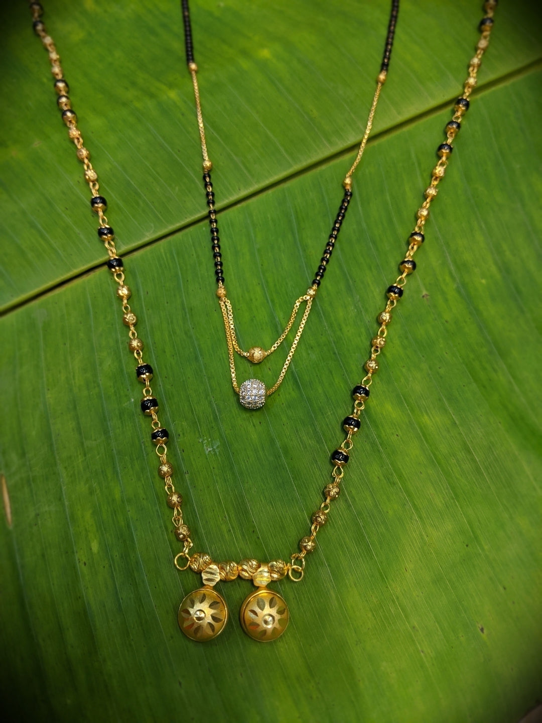 image for Combo Set of 2 Mangalsutra Designs Gold Plated Layered Pattern Black Gold Beads Vati Pendant