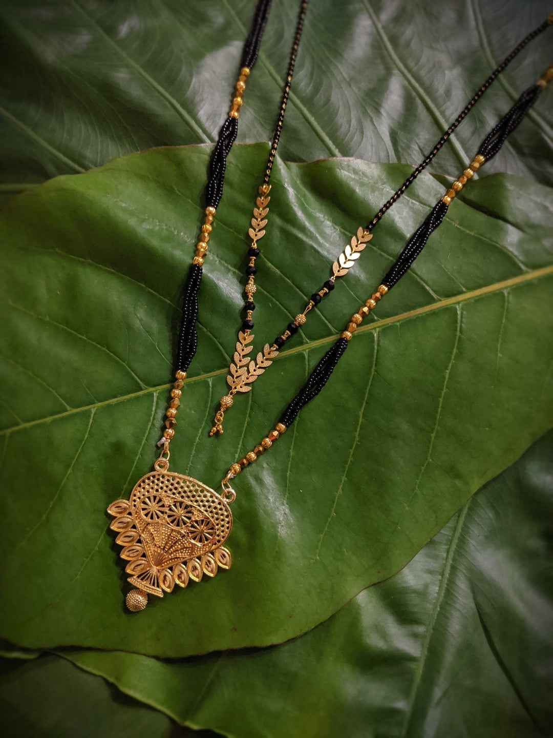 image for Combo Set of 2 Gold Plated Long Mangalsutra Designs and Short Mangalsutra Designs with Leaf Pendant