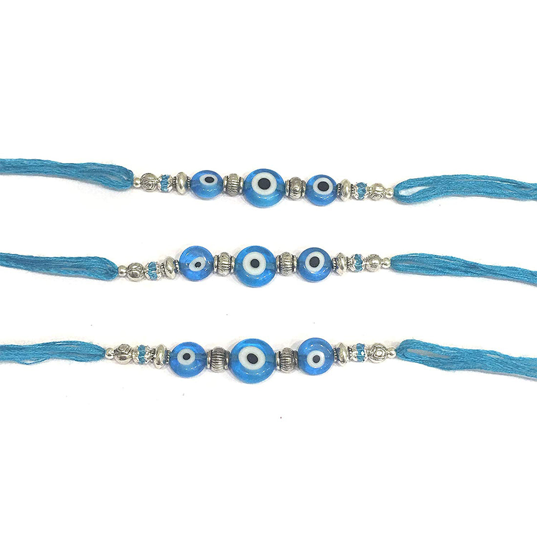 image for COMBO Of 3 Blue Evil Eye Rakhi Designs Silver Plated Beads with Blue Mauli Thread Rakshabandan