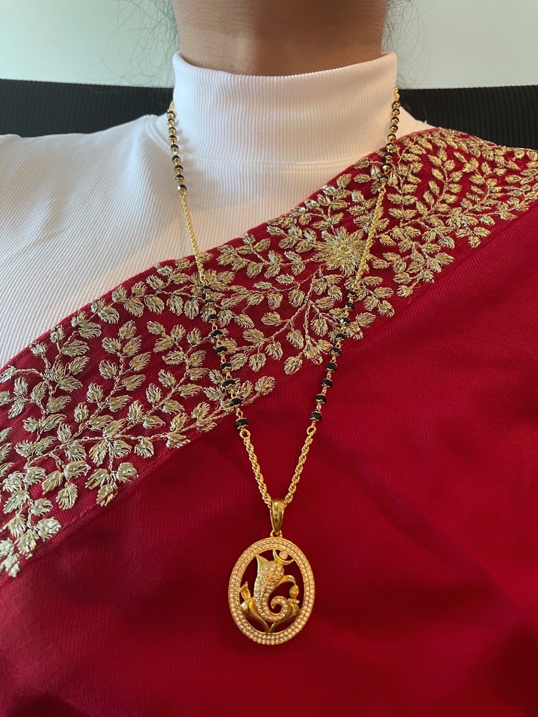 image for American Diamond Long Mangalsutra Designs Ganesha Pendant Crystal Black Beads Gold Chain