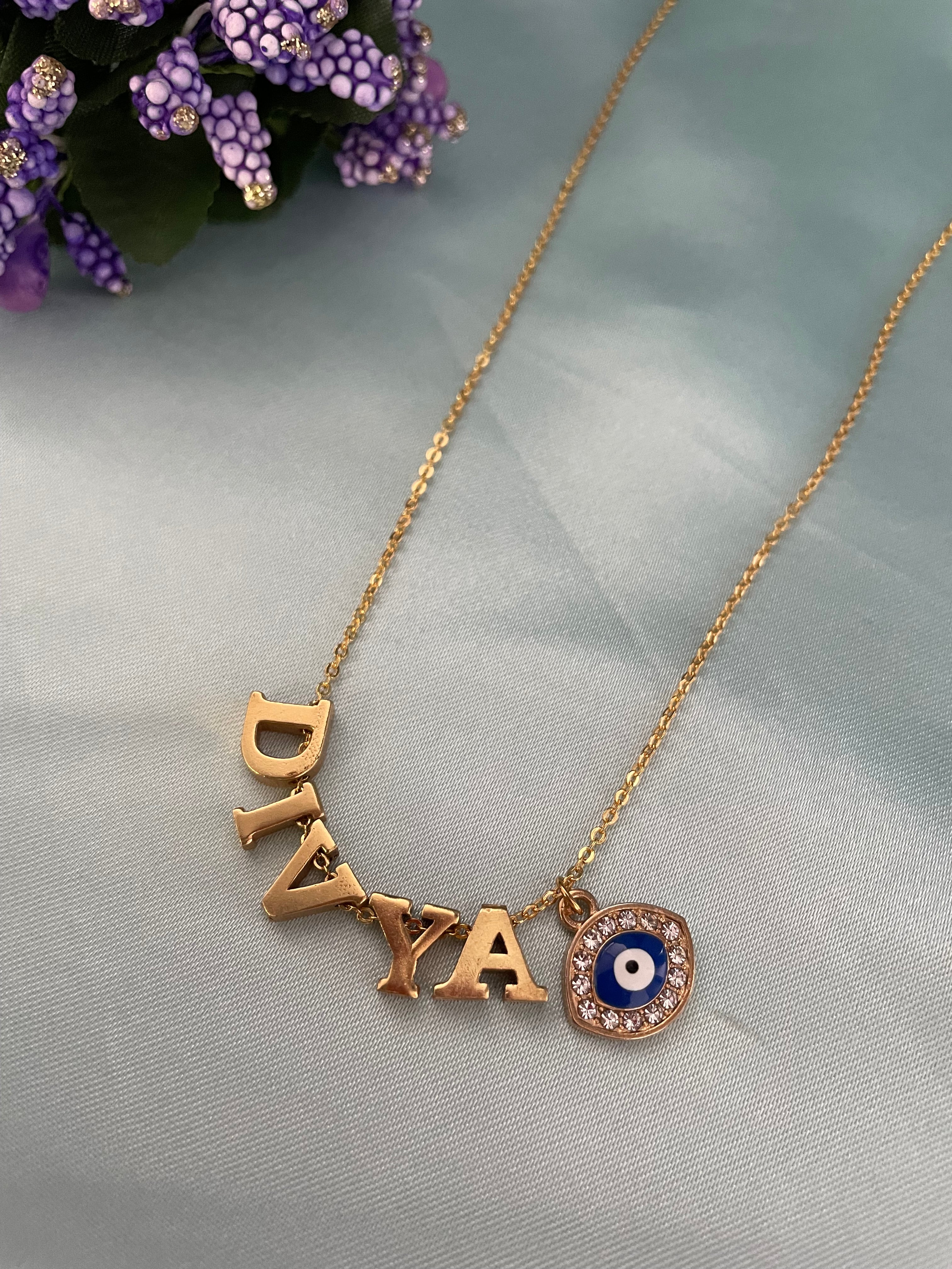image for Name Necklace with American Diamond Evil Eye
